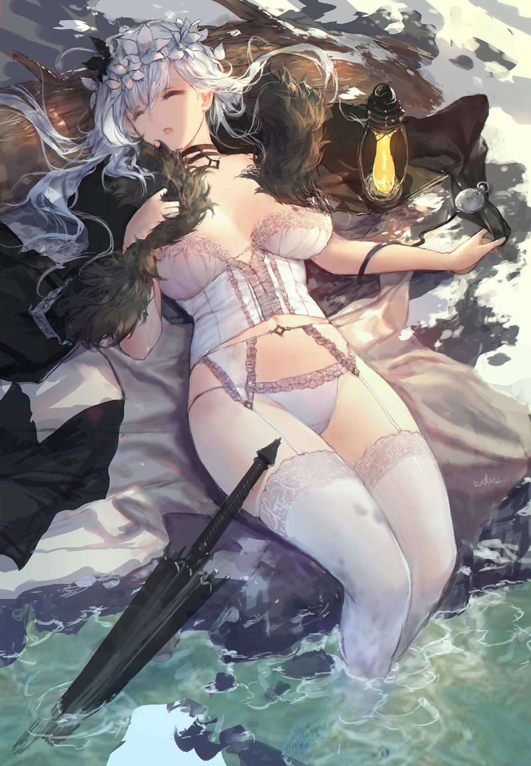 Anime 1080x1559 Swd3e2 anime girls suspenders lace garter garter belt white stockings stockings white lingerie sleeping lace lingerie lace leotard women outdoors wet clothing necklace messy hair big boobs smooth body umbrella lantern flower crown snow covered snow corset