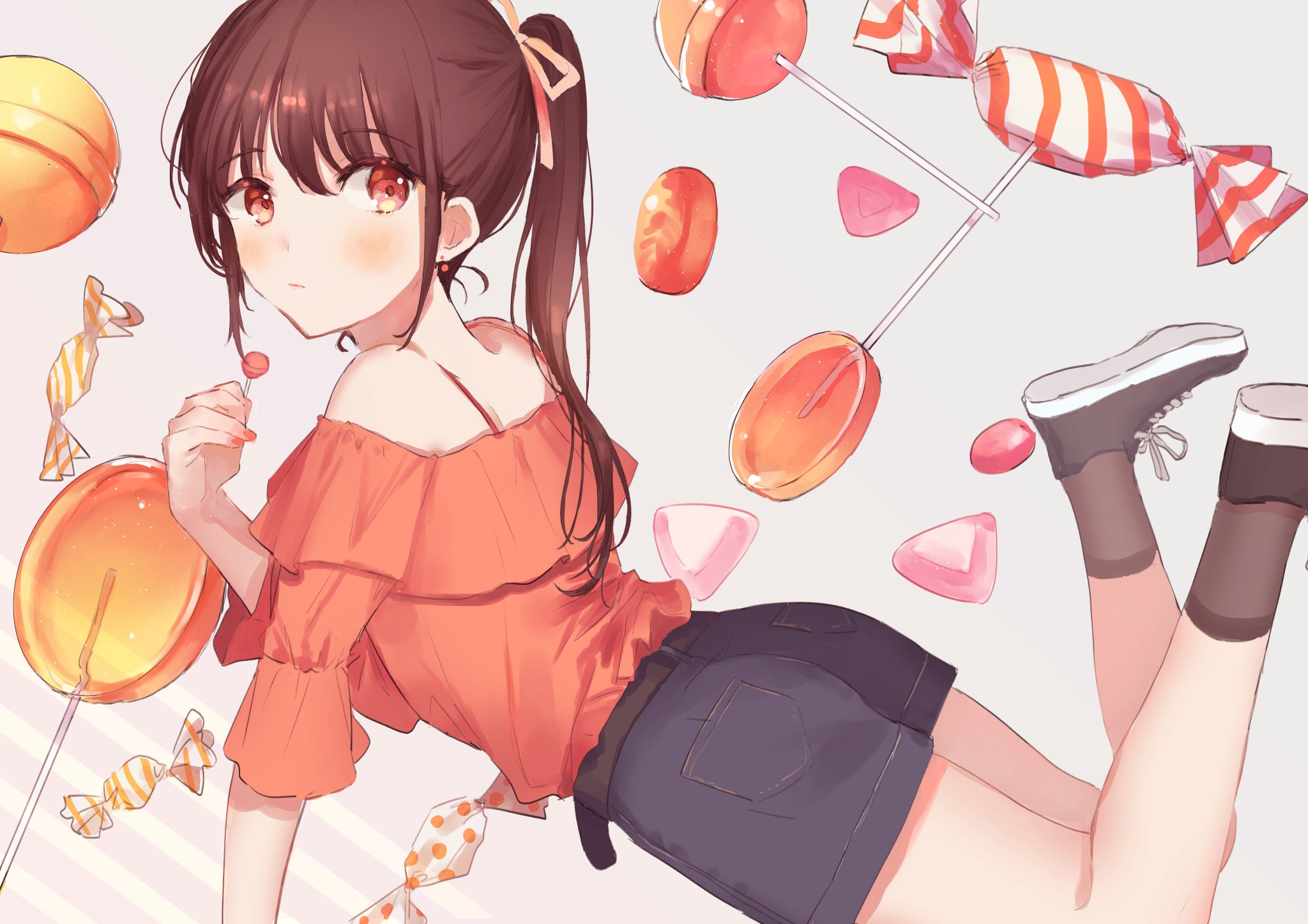 Anime 2048x1447 anime anime girls Oyuyu candy lollipop red eyes brunette ponytail lying on front short shorts