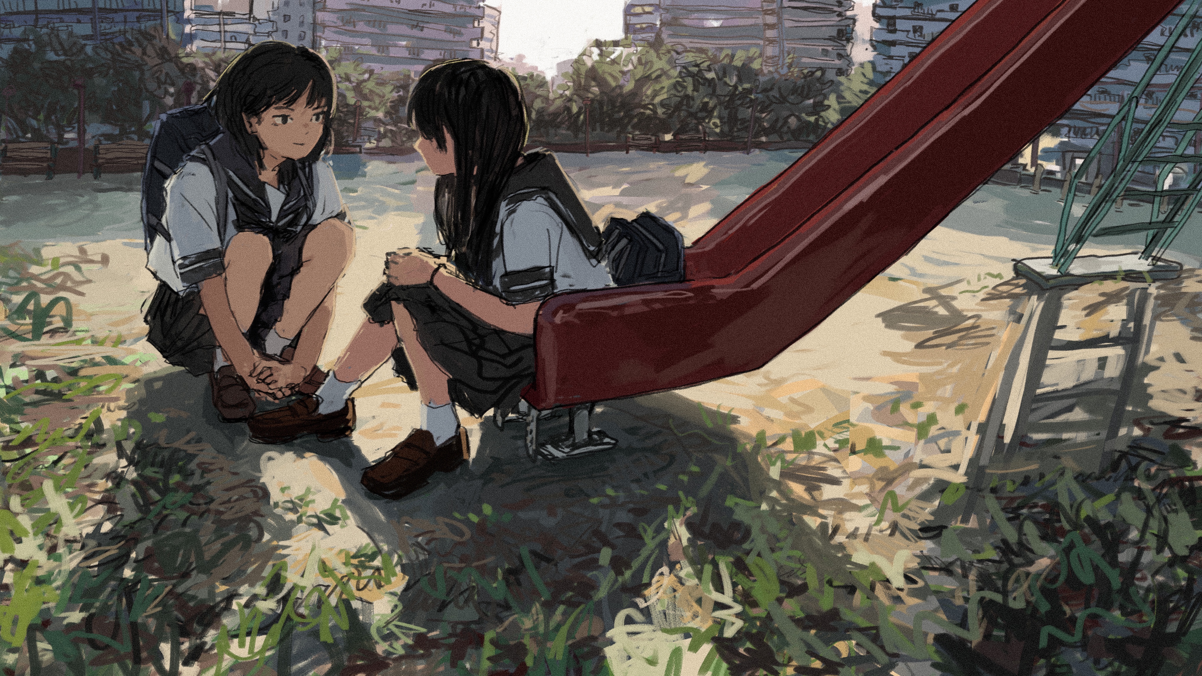Anime 4096x2304 school uniform original characters outdoors dark hair