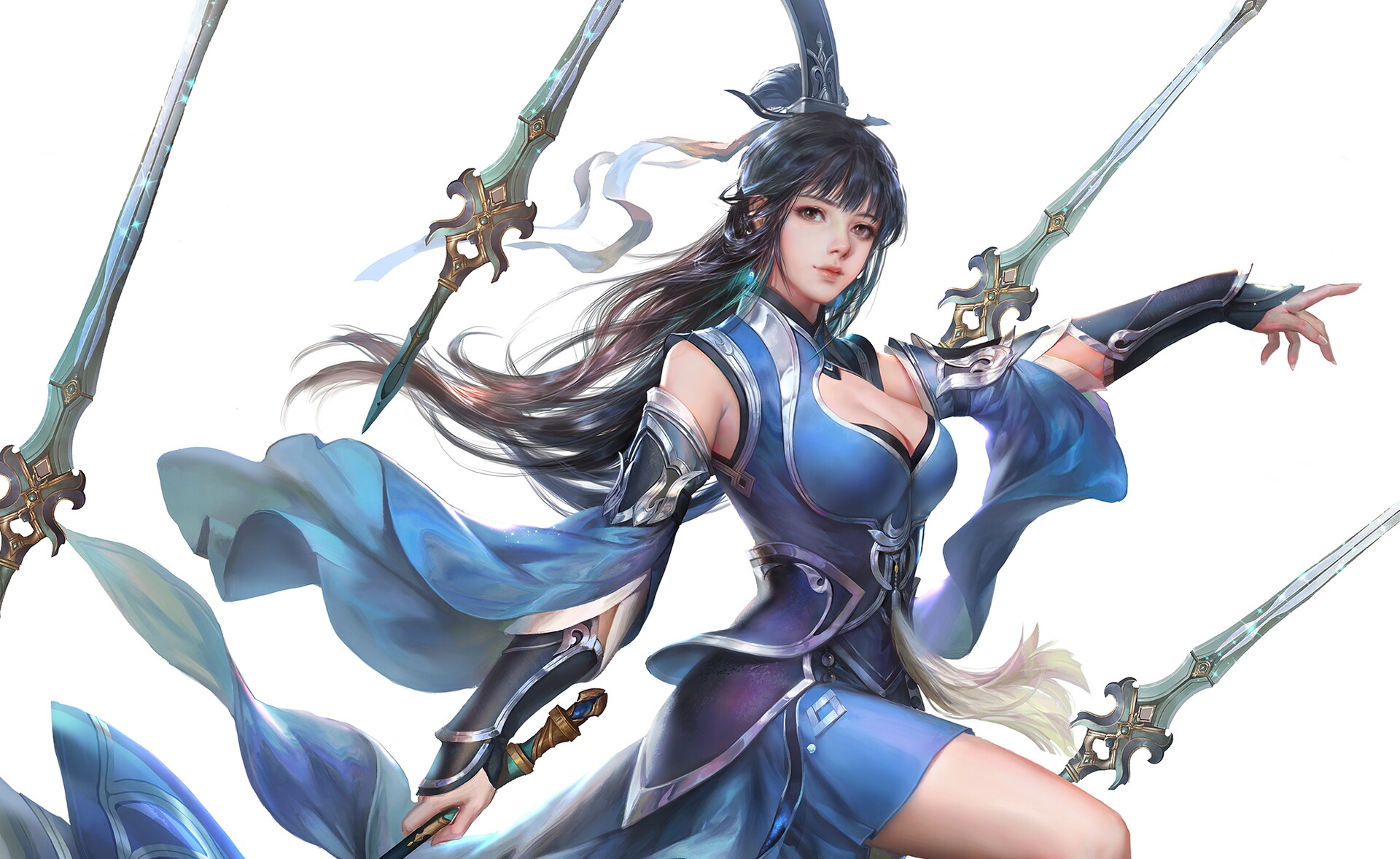 General 1920x1178 artwork fantasy art fantasy girl women long hair dark hair sword xianxia