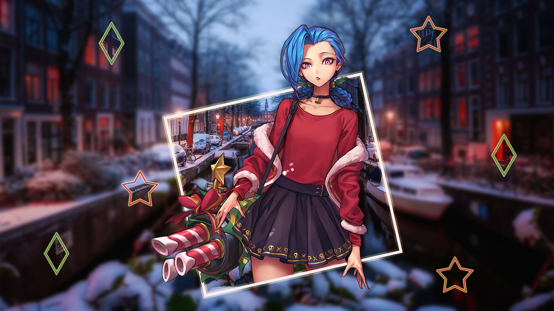 Anime 1920x1080 picture-in-picture Jinx (League of Legends) Christmas river
