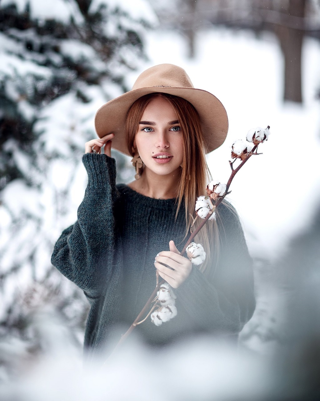 People 1024x1280 model long hair Luba Ivanova sweater women with hats snow winter straight hair looking at viewer gray eyes black sweater women