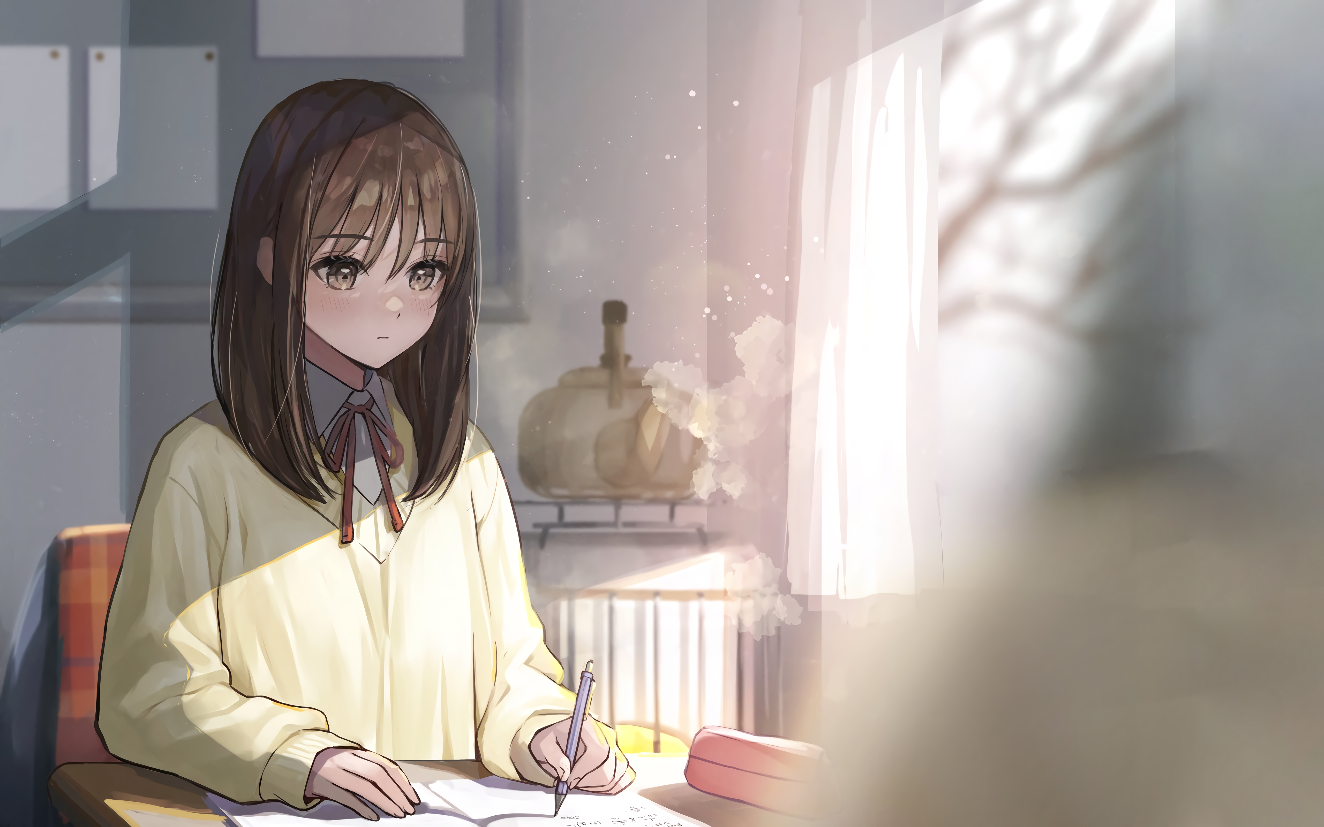 Anime 5120x3200 anime girls writing bangs brunette brown eyes classroom Utakataya artwork sweatshirts