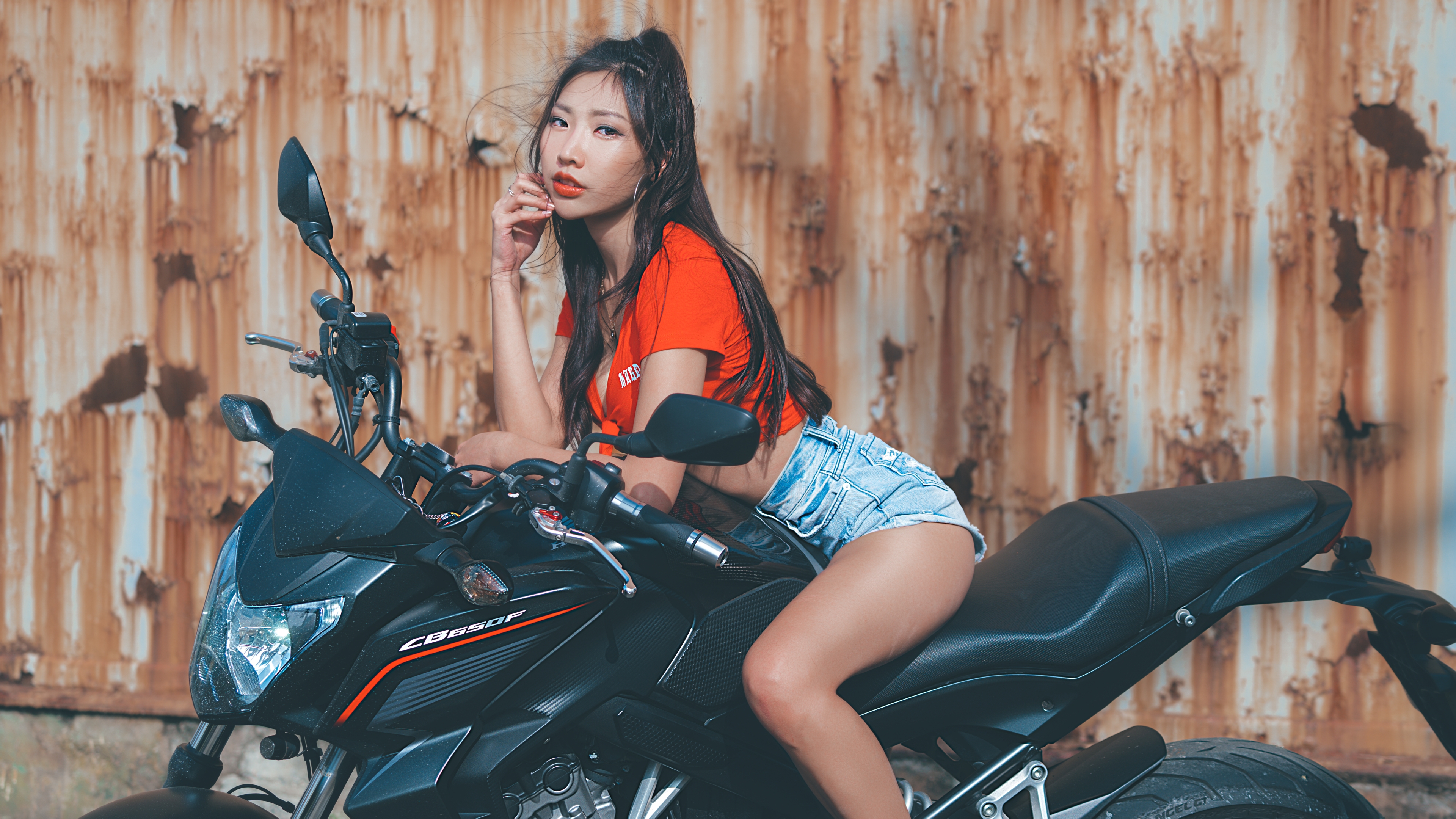 People 3840x2160 Rainbow Alice women model Asian brunette tied top red tops cleavage jean shorts short shorts necklace looking at viewer parted lips women with motorcycles motorcycle red lipstick outdoors women outdoors