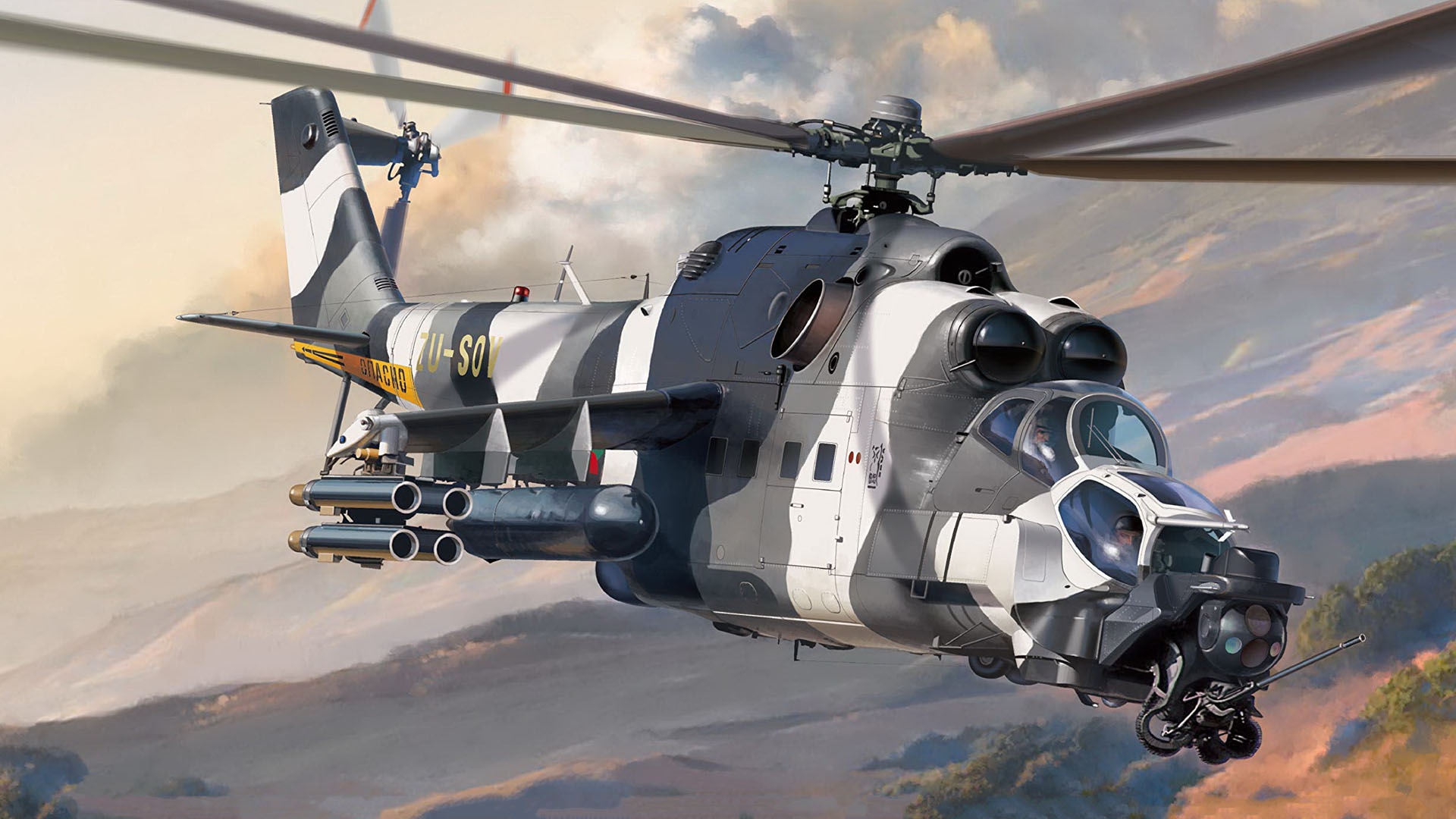General 1920x1080 aircraft vehicle helicopters military aircraft artwork Mil Mi-35 military vehicle attack helicopters Boxart camouflage Mil Helicopters Russian/Soviet aircraft