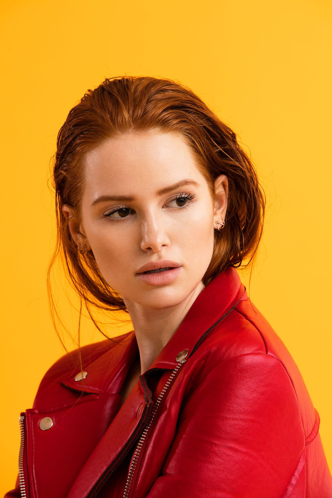 People 1260x1890 women model redhead long hair Madelaine Petsch actress portrait display yellow background simple background looking away makeup