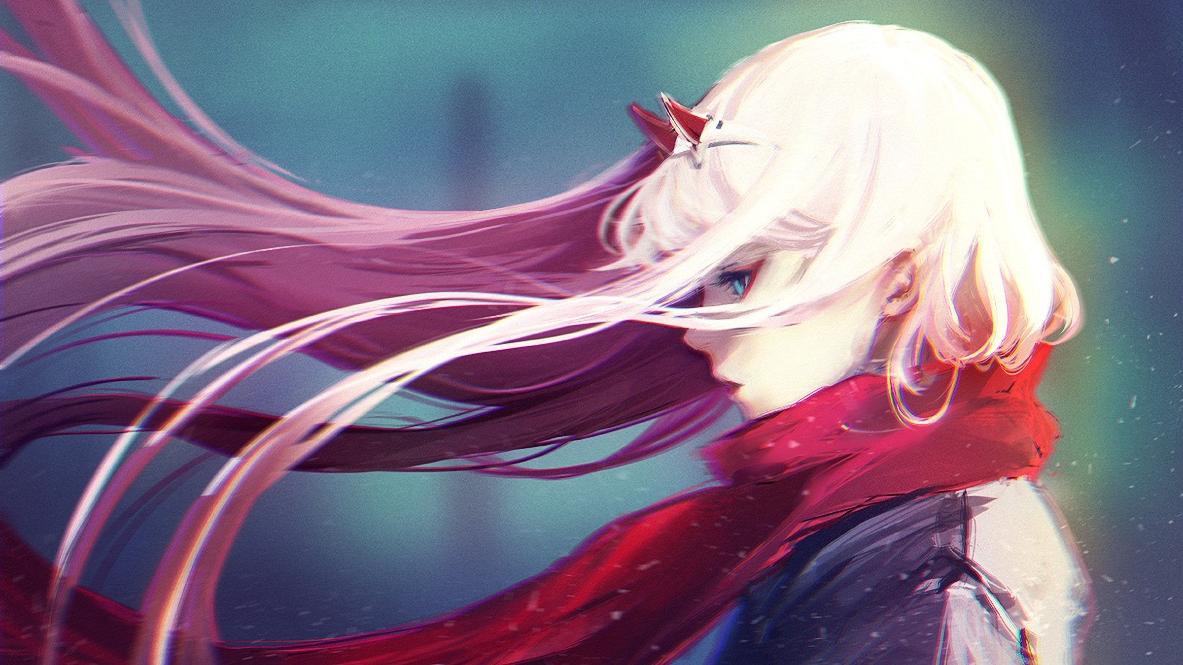 Anime 2400x1350 Yuumei Darling in the FranXX Zero Two (Darling in the FranXX) anime girls pink hair horns long hair 2D hair blowing in the wind scarf