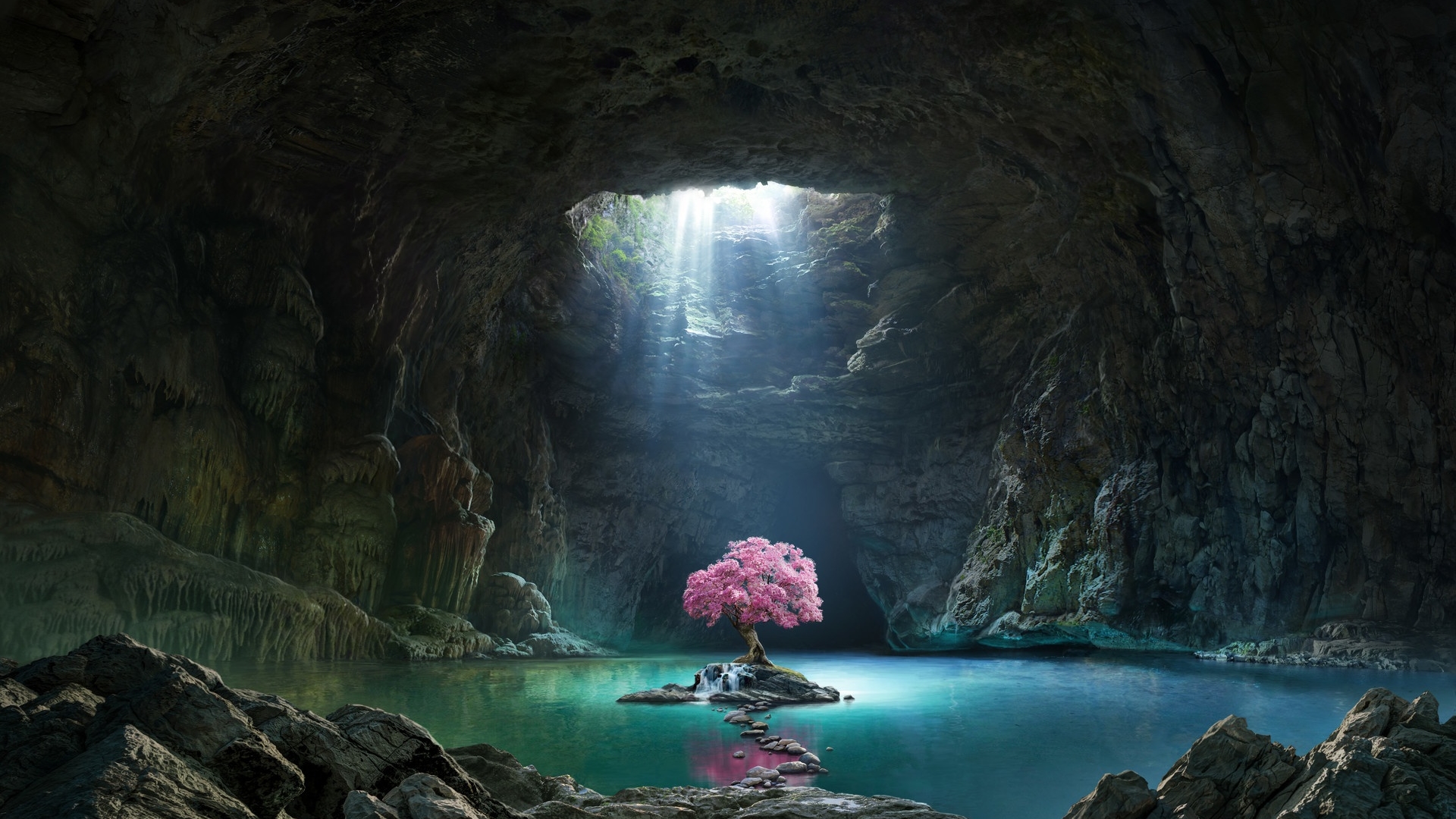 General 1920x1080 nature landscape trees water cave rocks lake stones sun rays island photo manipulation pink cherry trees reflection blossoms cherry blossom