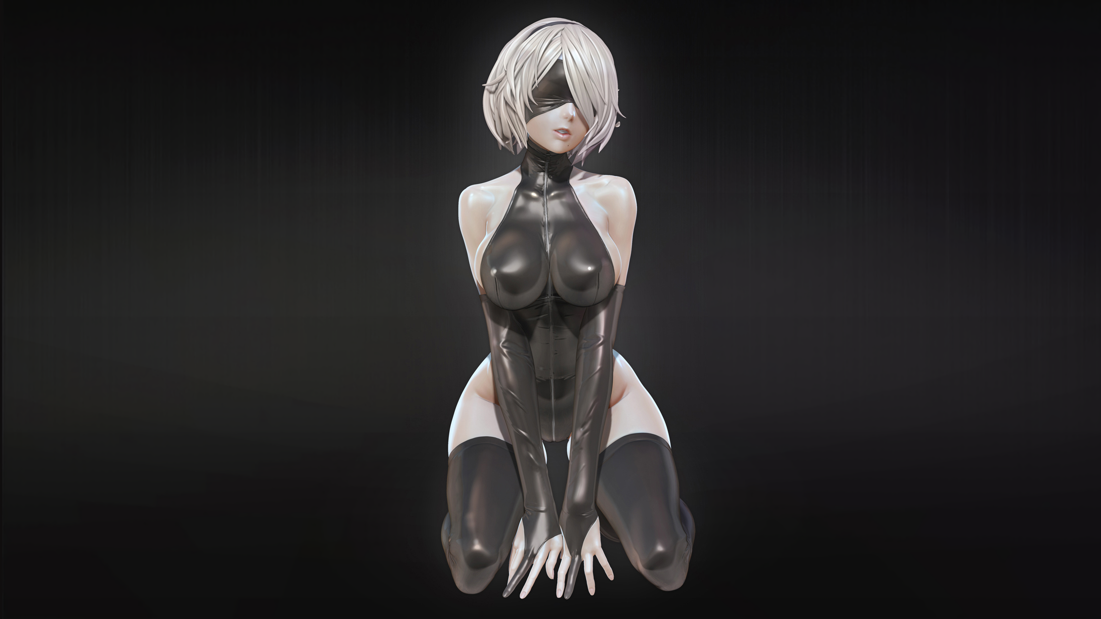 General 2176x1224 big boobs Nier: Automata video games kneeling latex simple background 2B (Nier: Automata) video game art blindfold minimalism thighs bare shoulders short hair white hair thigh-highs