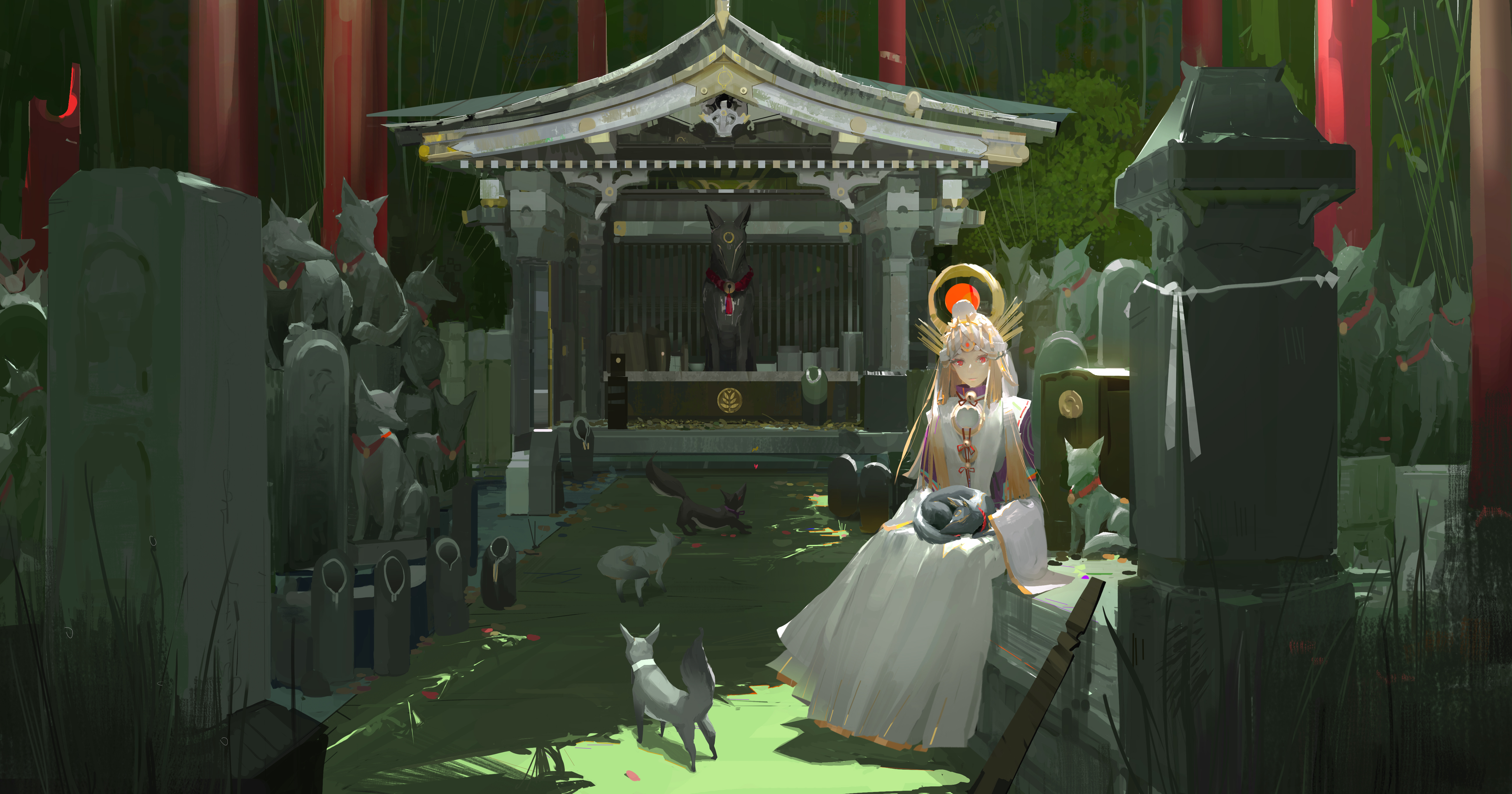 Anime 5191x2726 anime girls women blonde hair ornament red eyes looking at viewer sitting miko environment architecture sanctuary statue bells fox animals outdoors artwork digital art painting digital painting 2D illustration PainDude _ white dress anime original characters