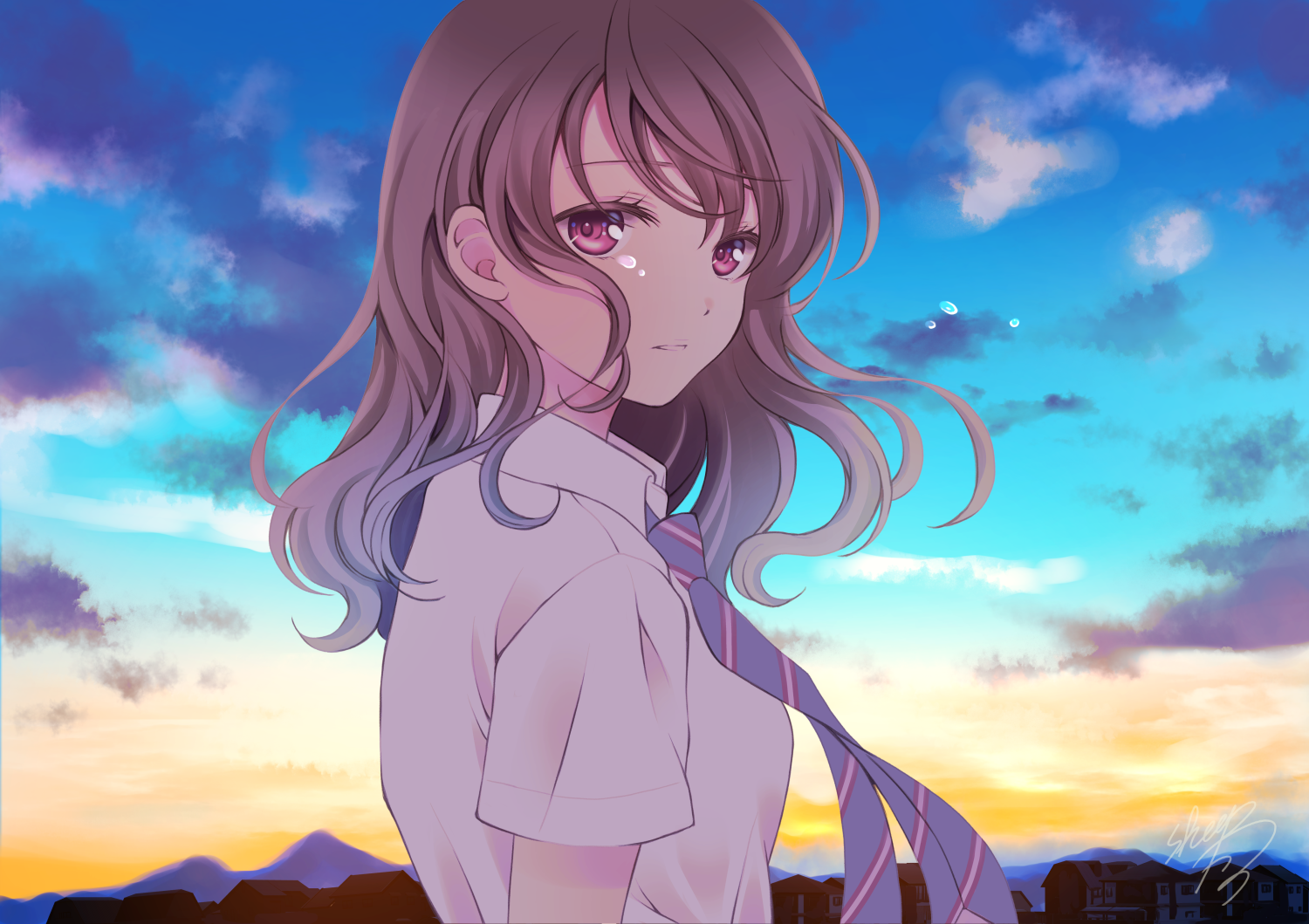 Anime 1500x1059 anime digital art artwork Sheepd school uniform tie brunette tears sky