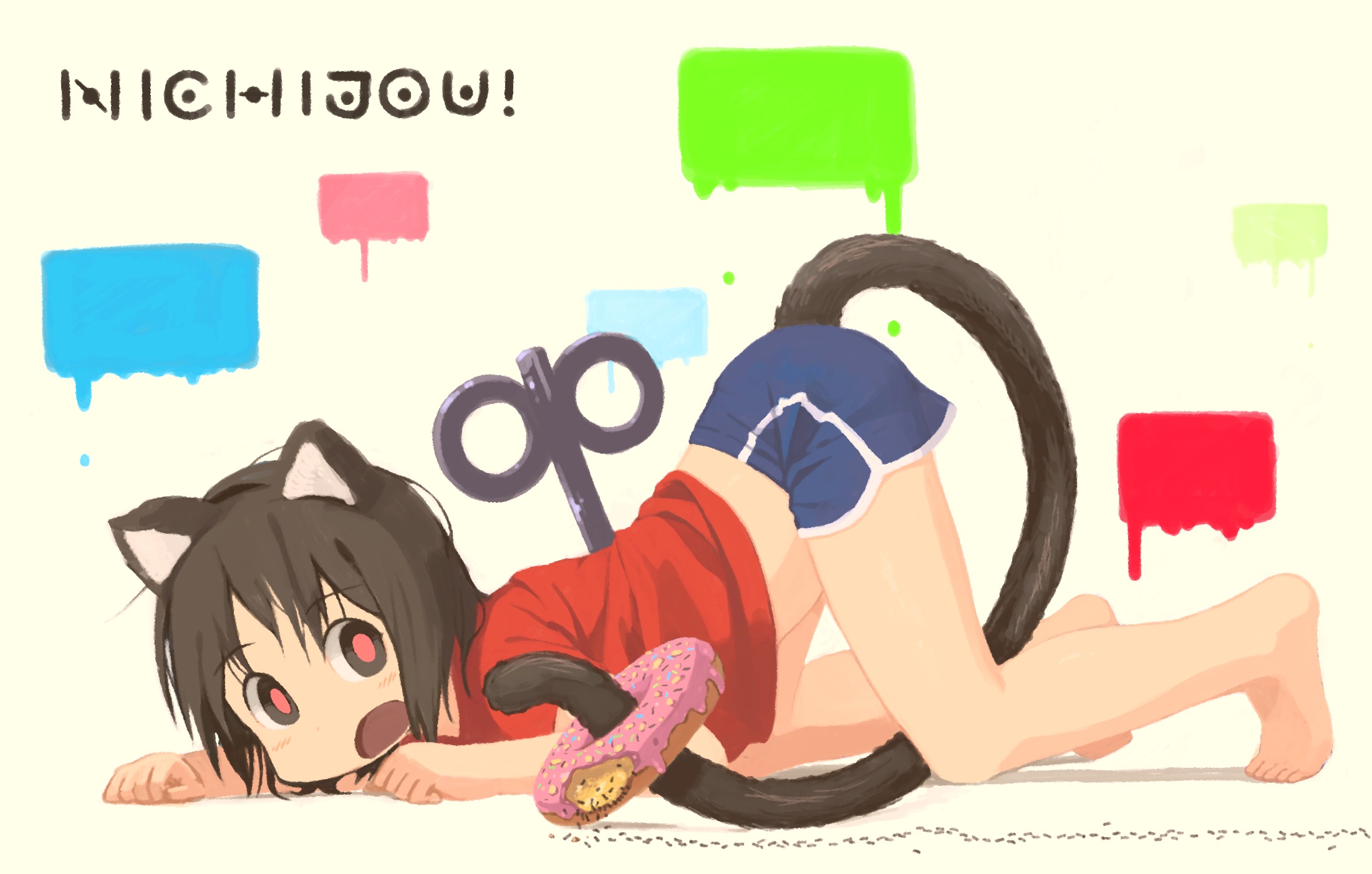 Anime 2200x1400 Nano Shinonome Nichijou cat tail cat ears donut simple background