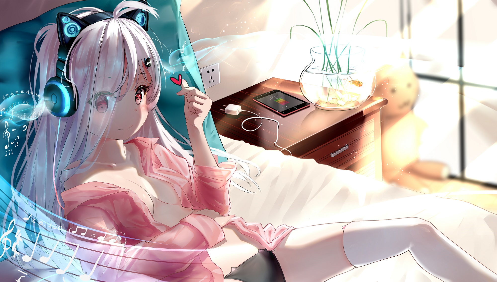 Anime 2000x1133 anime girls anime HBB artwork silver hair red eyes in bed headphones thigh-highs open shirt no bra cleavage panties
