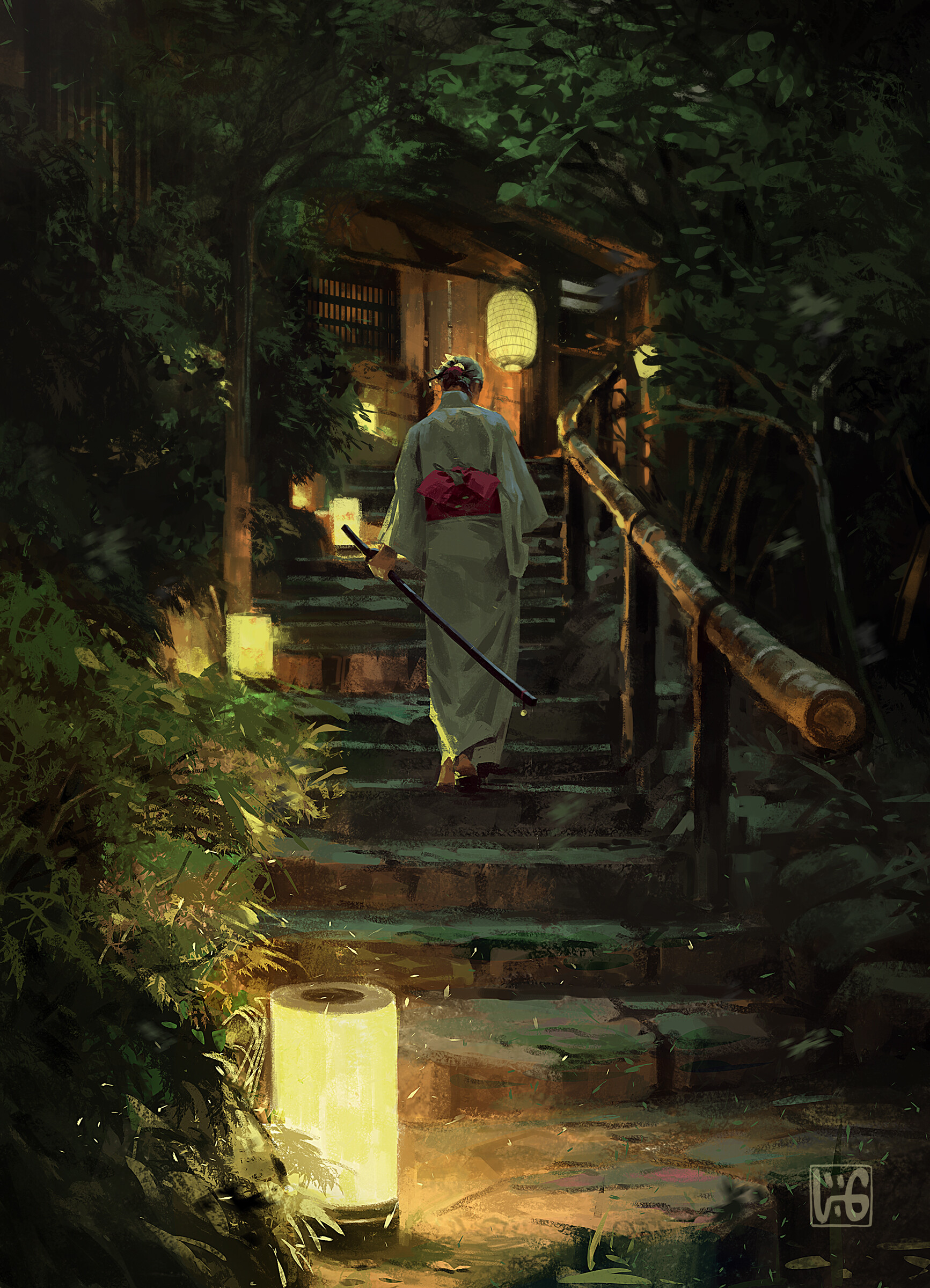 General 1733x2400 environment katana Japanese cabin trees lamp kimono