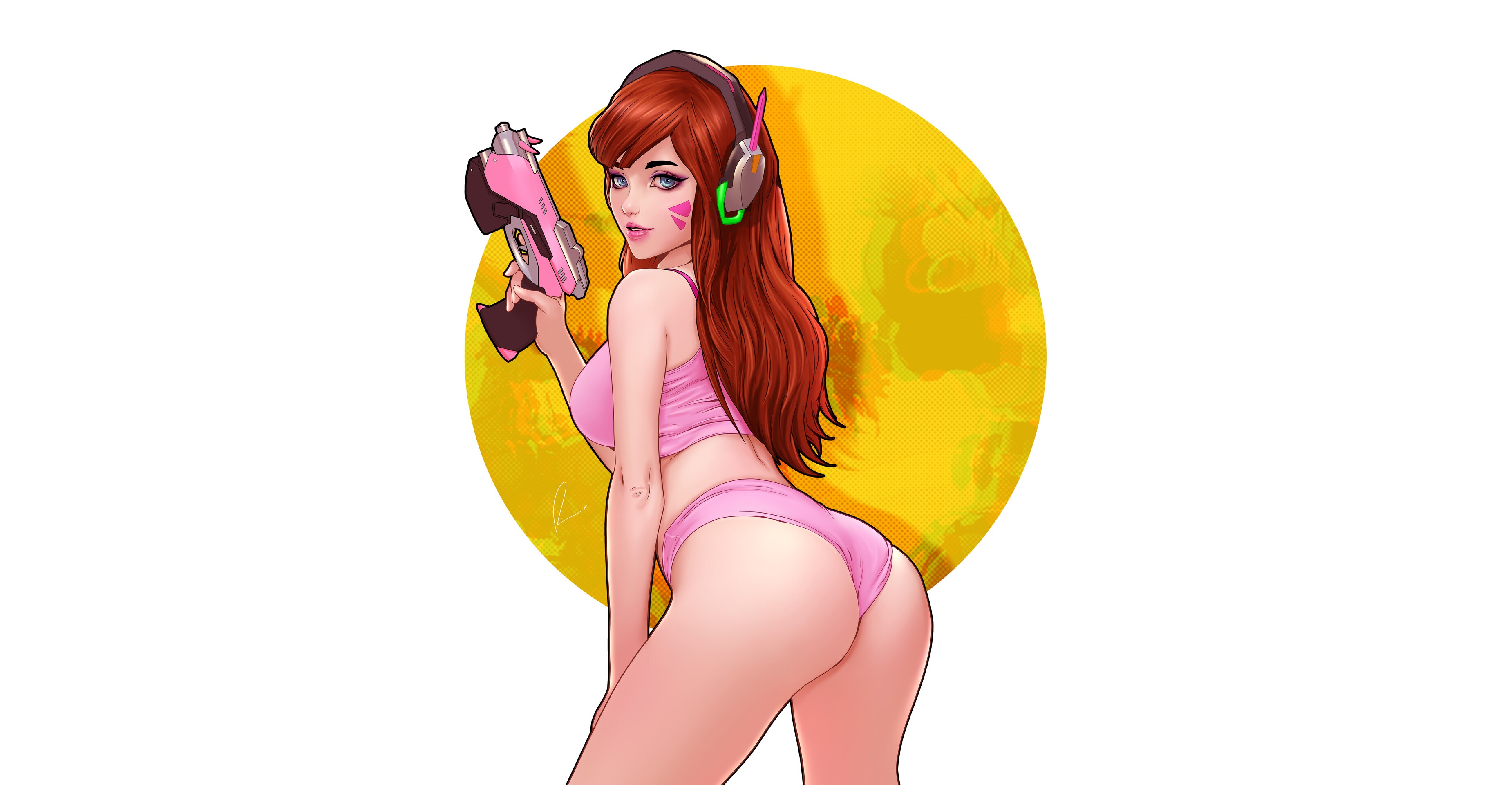General 3700x1920 women artwork weapon ass simple background redhead long hair fan art D.Va (Overwatch) video game characters