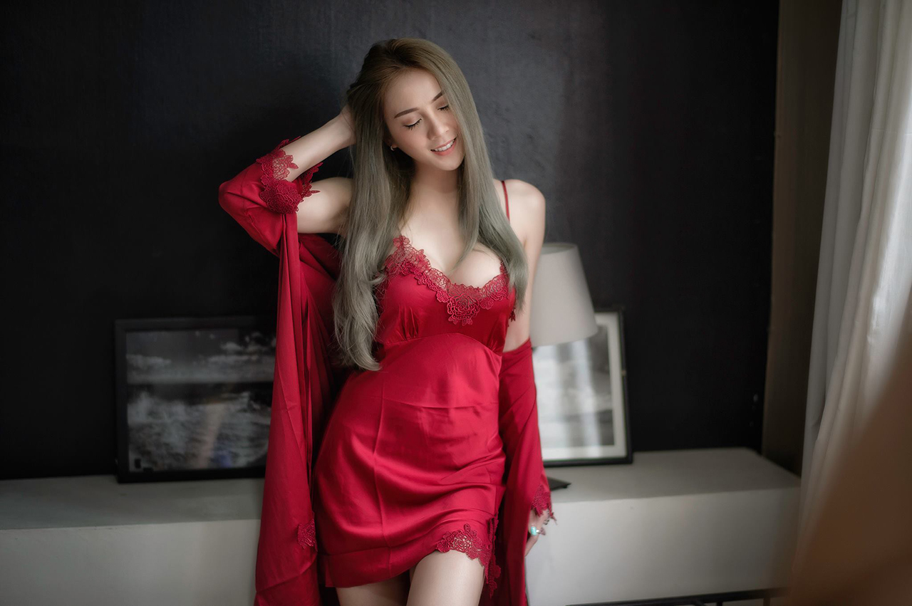 People 1280x851 Soraya Upaiprom Cupe Magazine model Asian red lingerie nightdresses hands on head touching hair women
