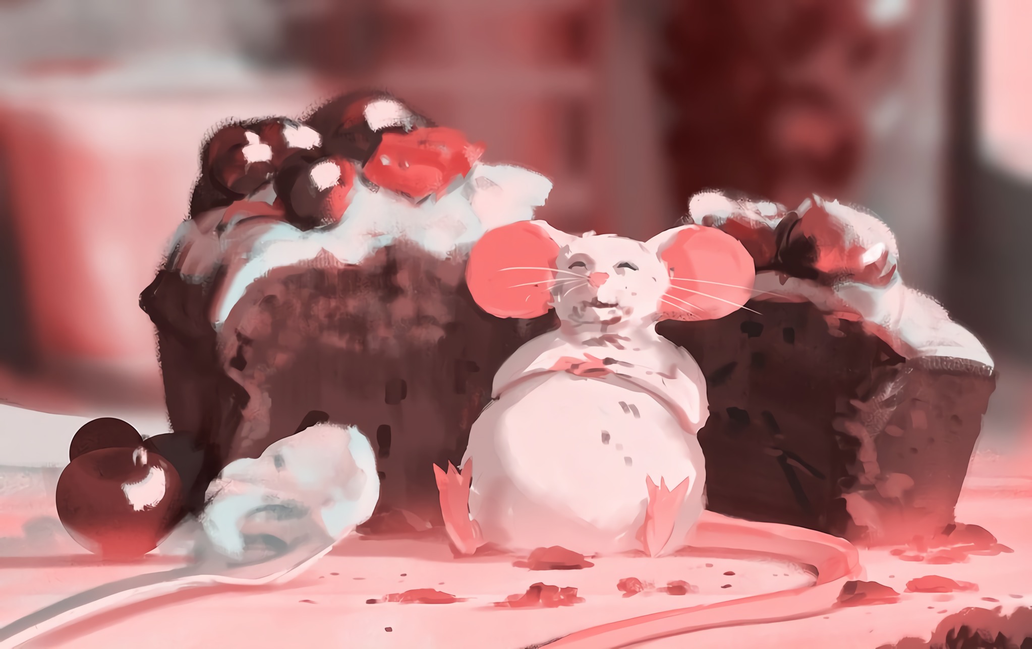 General 2046x1288 digital art artwork mice mouse ears stuffed animal animals cake food Atey Ghailan cherries