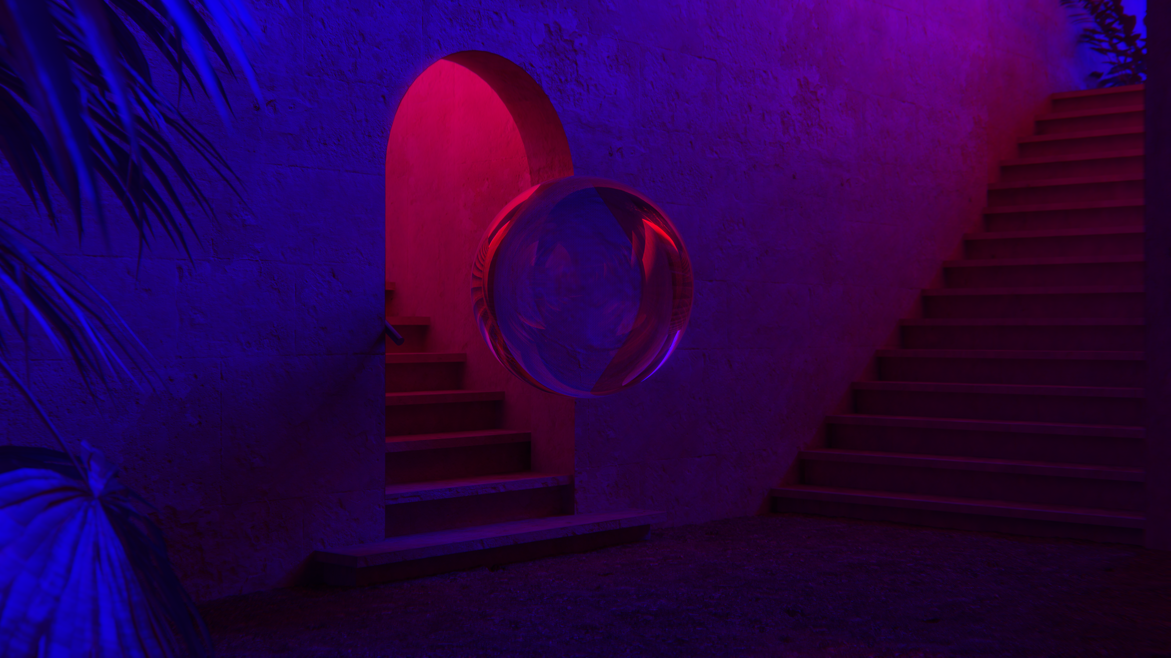 General 3840x2160 CGI digital art artwork neon night stairs palm trees sandstone dirt crystal  ball