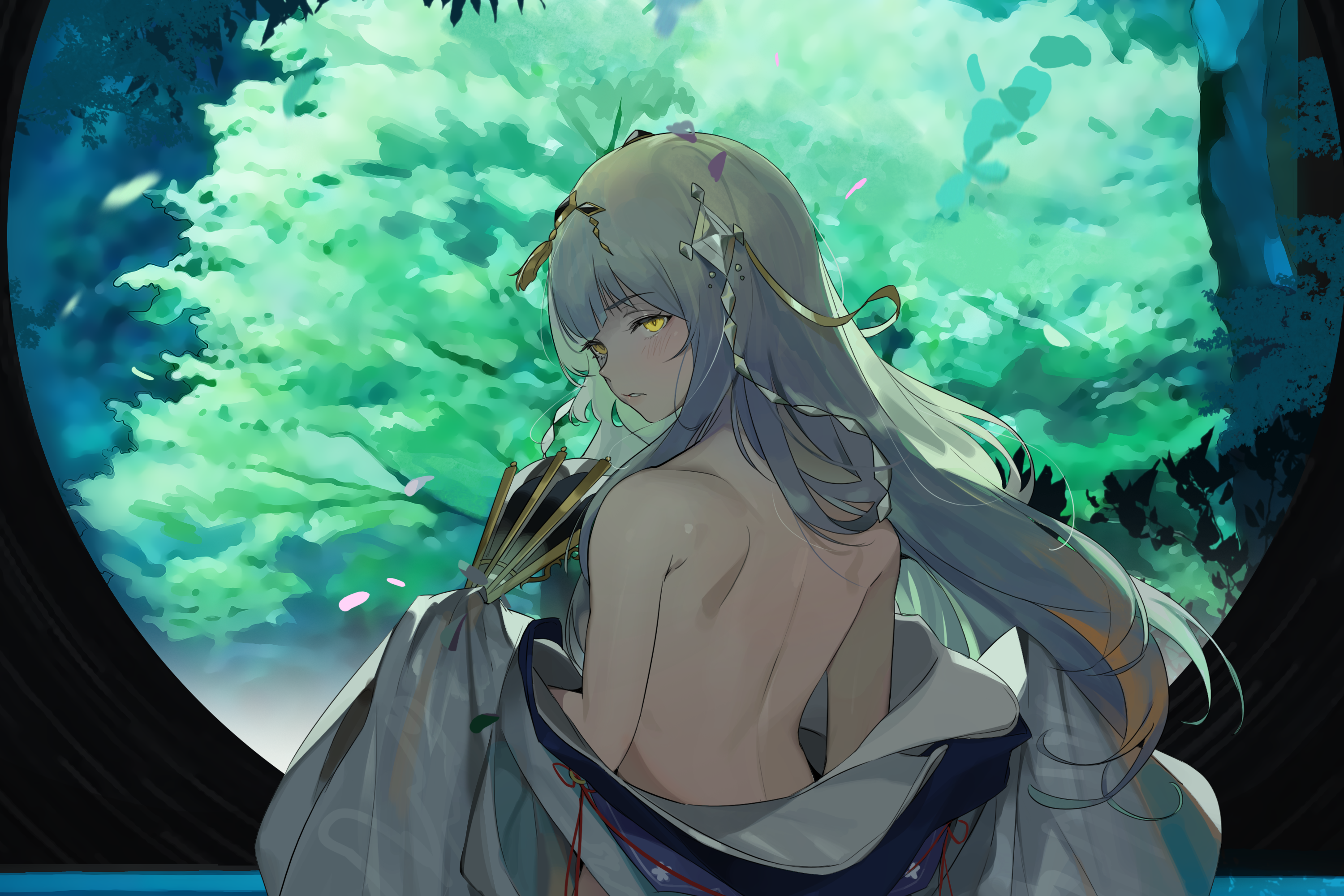 white hair, long hair, looking at viewer, looking over shoulder, bareback,  back, original characters, undressing, anime girls, yellow eyes, blushing,  hair ornament, jewelry, kimono, Japanese clothes, behind, 2D, illustration,  drawing, digital art,