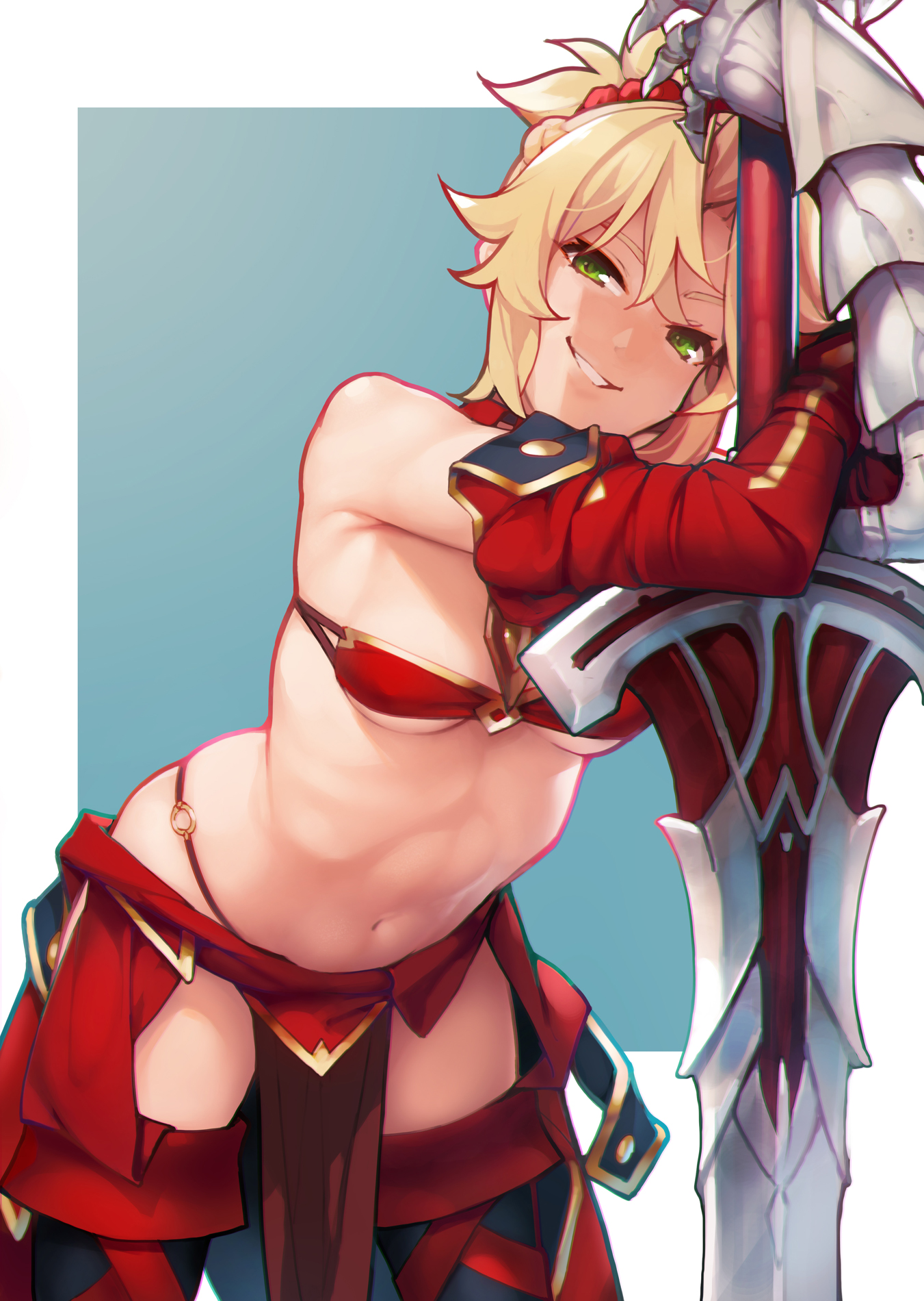 Anime 1351x1900 Fate series Fate/Grand Order Fate/Apocrypha  anime girls cleavage erotic art  no bra thighs curvy small boobs 2D portrait display women with swords smiling looking at viewer Mordred (Fate/Apocrypha) belly button ponytail armor green eyes fan art armpits Ataruman micro bikini blonde
