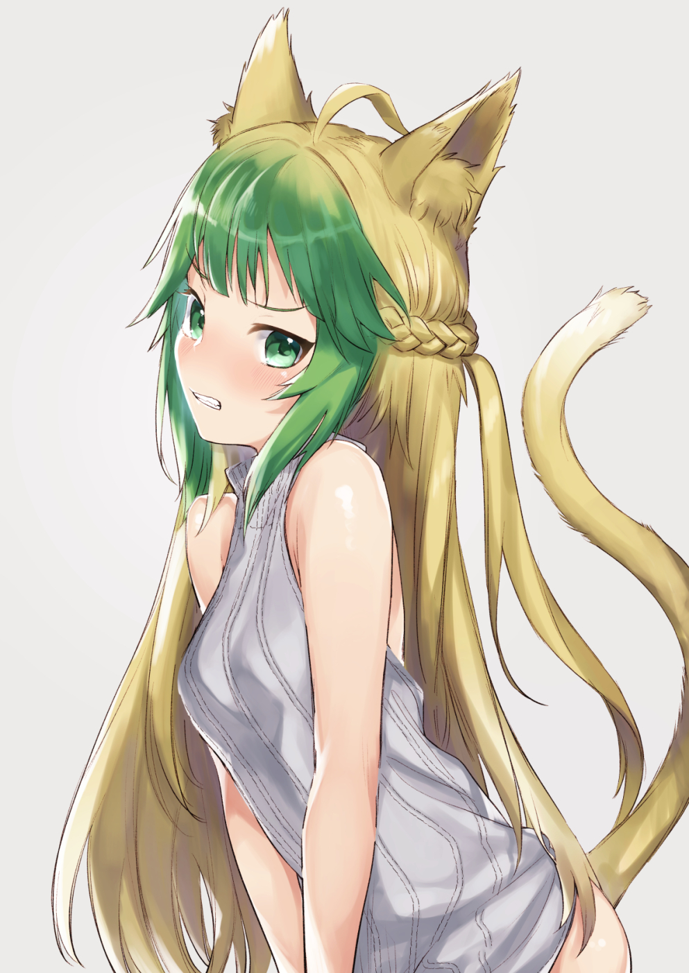 Anime 993x1403 Fate series Fate/Apocrypha  anime girls 2D portrait display small boobs long hair green hair fan art embarrassed simple background glutes parted lips cat girl gradient hair bangs looking at viewer Fate/Grand Order ahoge anime braids curvy Virgin Killer Sweater bare shoulders two tone hair green eyes ecchi bottomless blonde animal ears tail Atalanta (Fate/Grand Order)