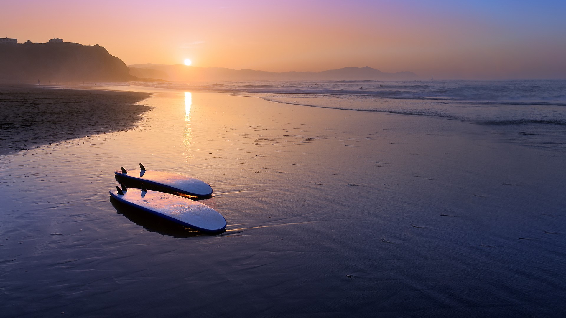 General 1920x1080 nature landscape Sun sunset surfboards reflection mountains house mist water waves Spain
