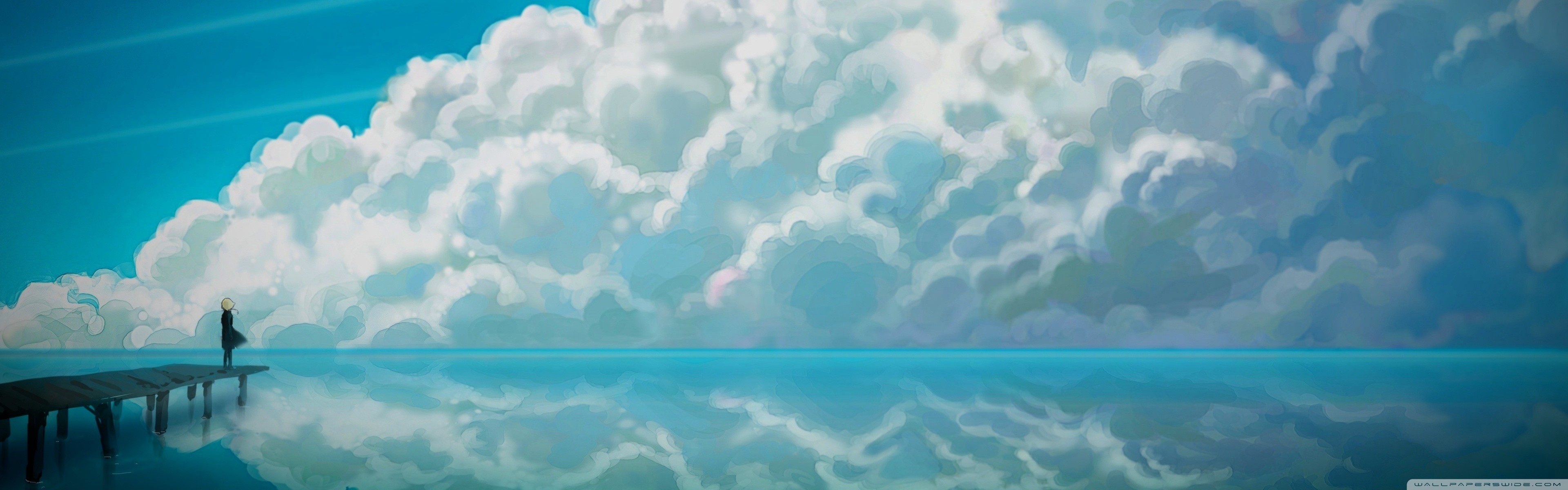 Anime 3840x1200 sea landscape anime watermarked reflection jetty sky clouds standing