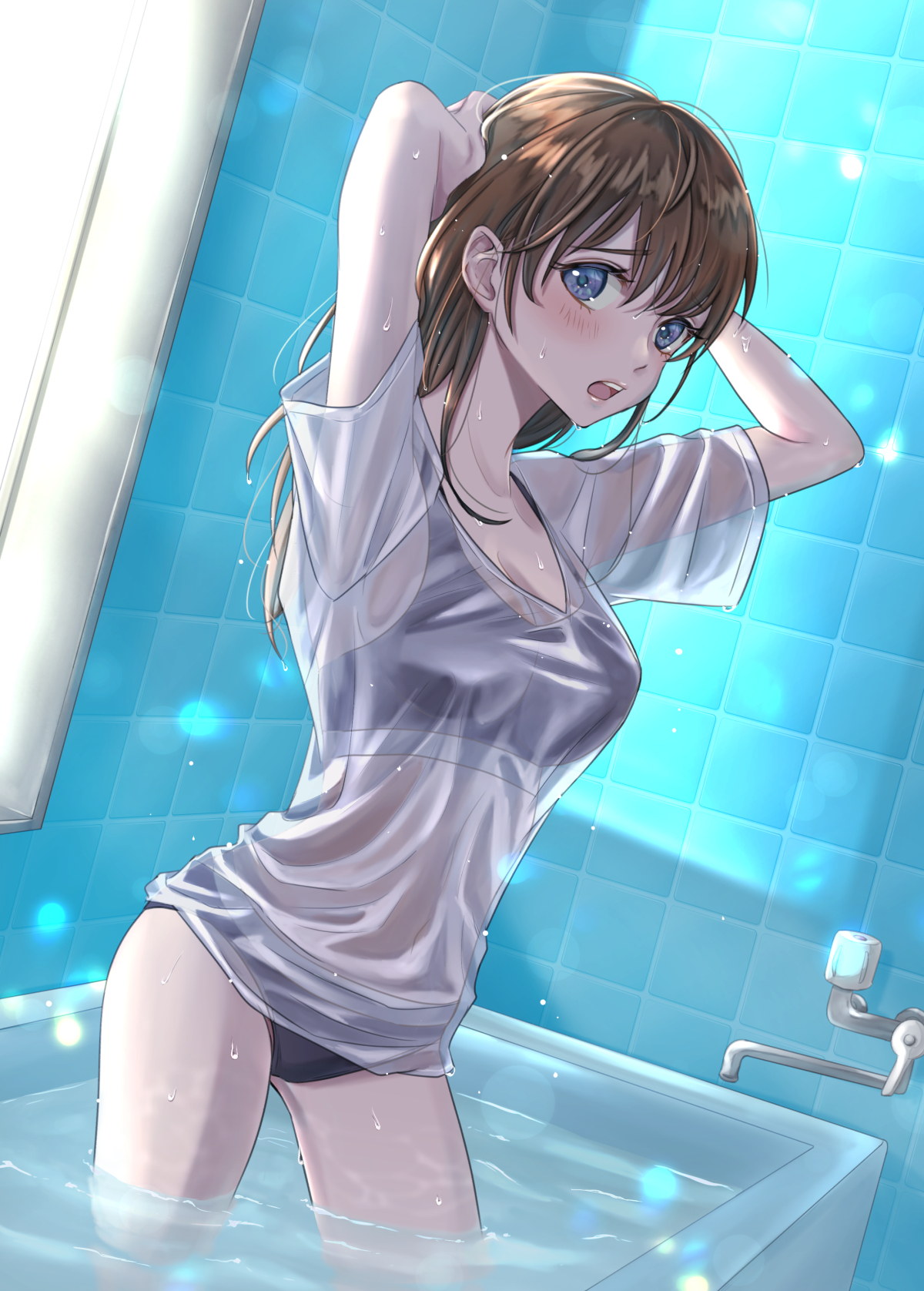 Anime 1200x1676 anime 2D anime girls blue eyes brunette underwear see-through clothing wet T-shirt in bathtub Kubota Mifuyu