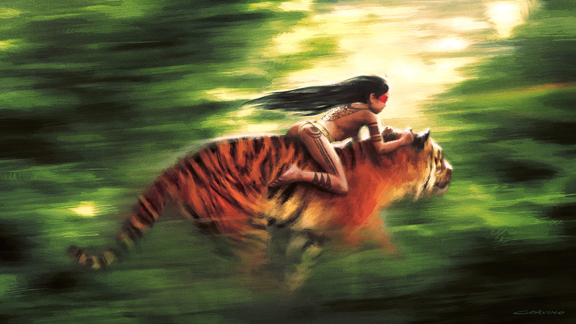 General 1920x1080 Francesco Corvino digital art artwork tiger riding on back children running wilderness tribal  motion blur jungle