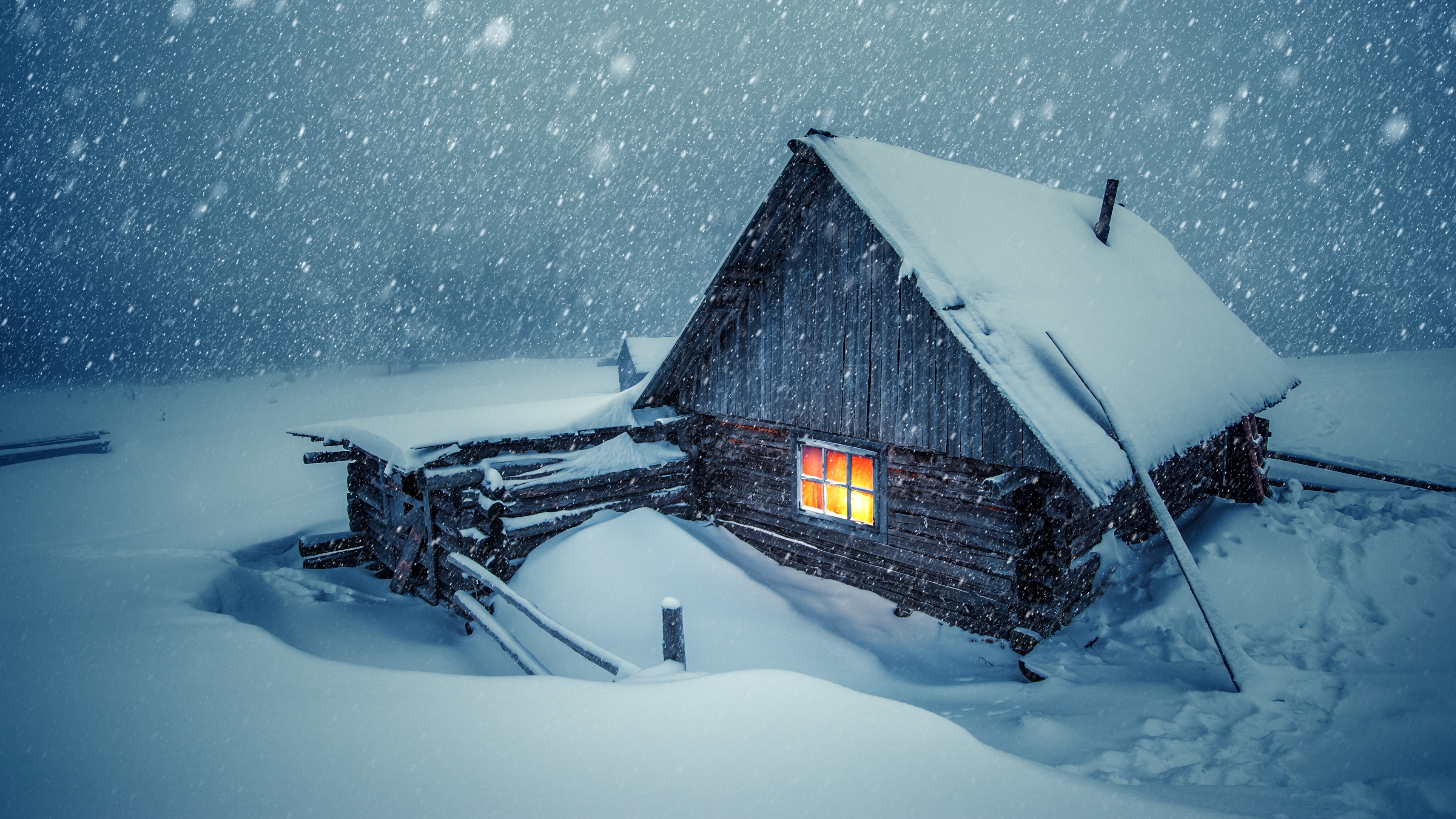General 3840x2160 landscape winter snow evening house cabin snowing lights