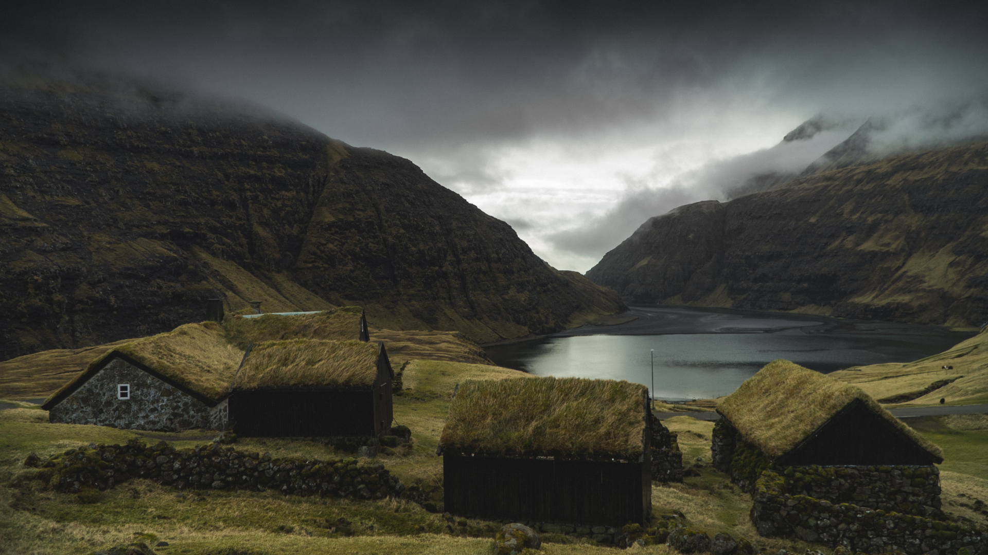 General 1920x1080 nature landscape mountains house lake clouds grass rocks Monsoon Faroe Islands