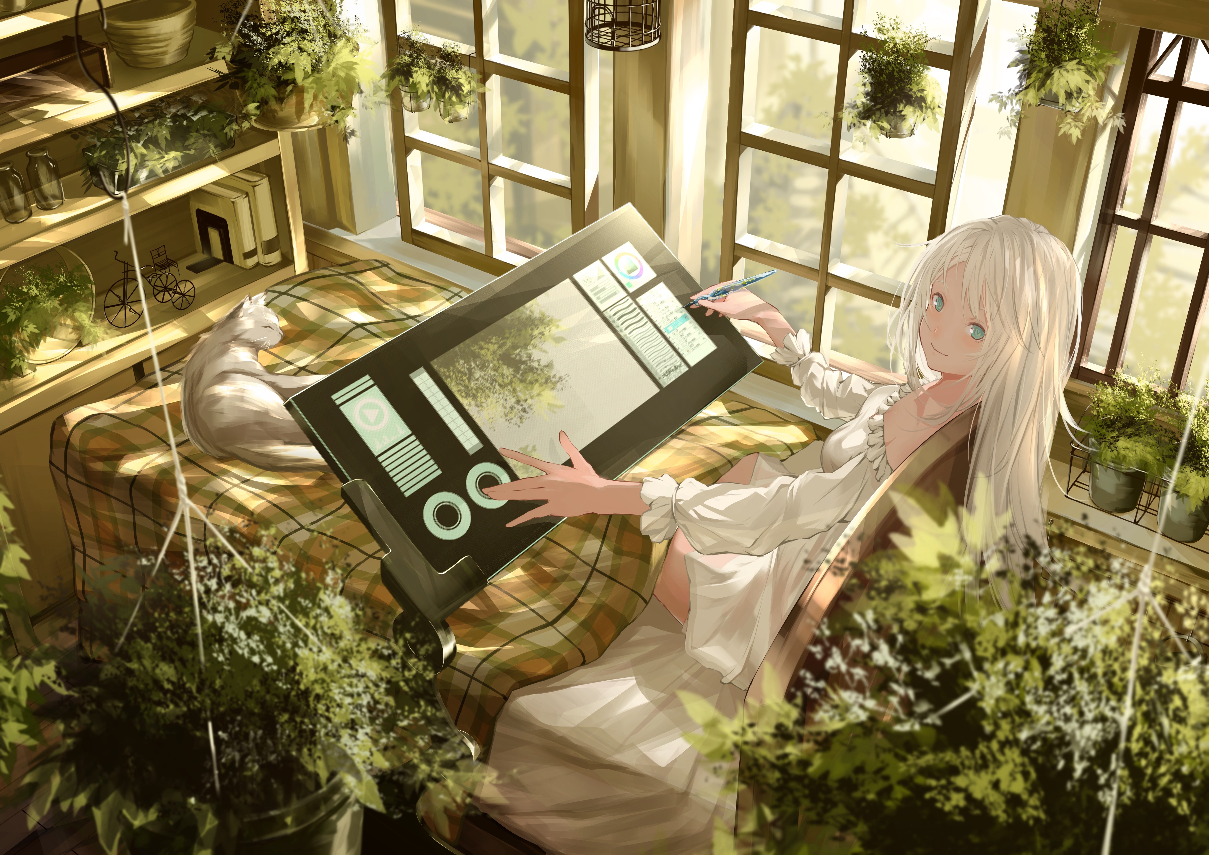 Anime 4093x2894 anime anime girls indoors blonde blue eyes plants tablet  cats