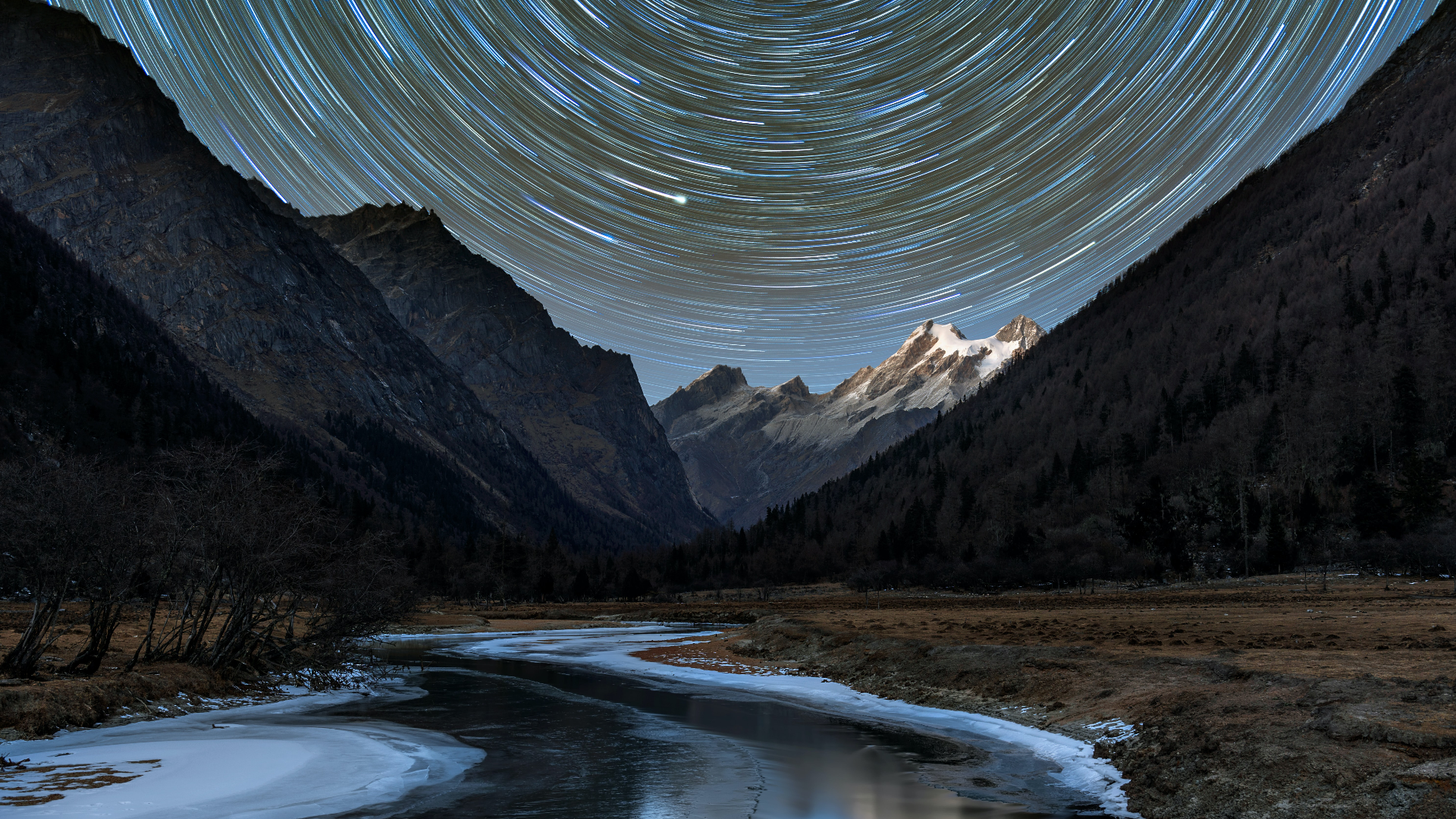 General 1920x1080 nature landscape mountains trees grass river rocks snowy peak sky stars long exposure Sichuan China