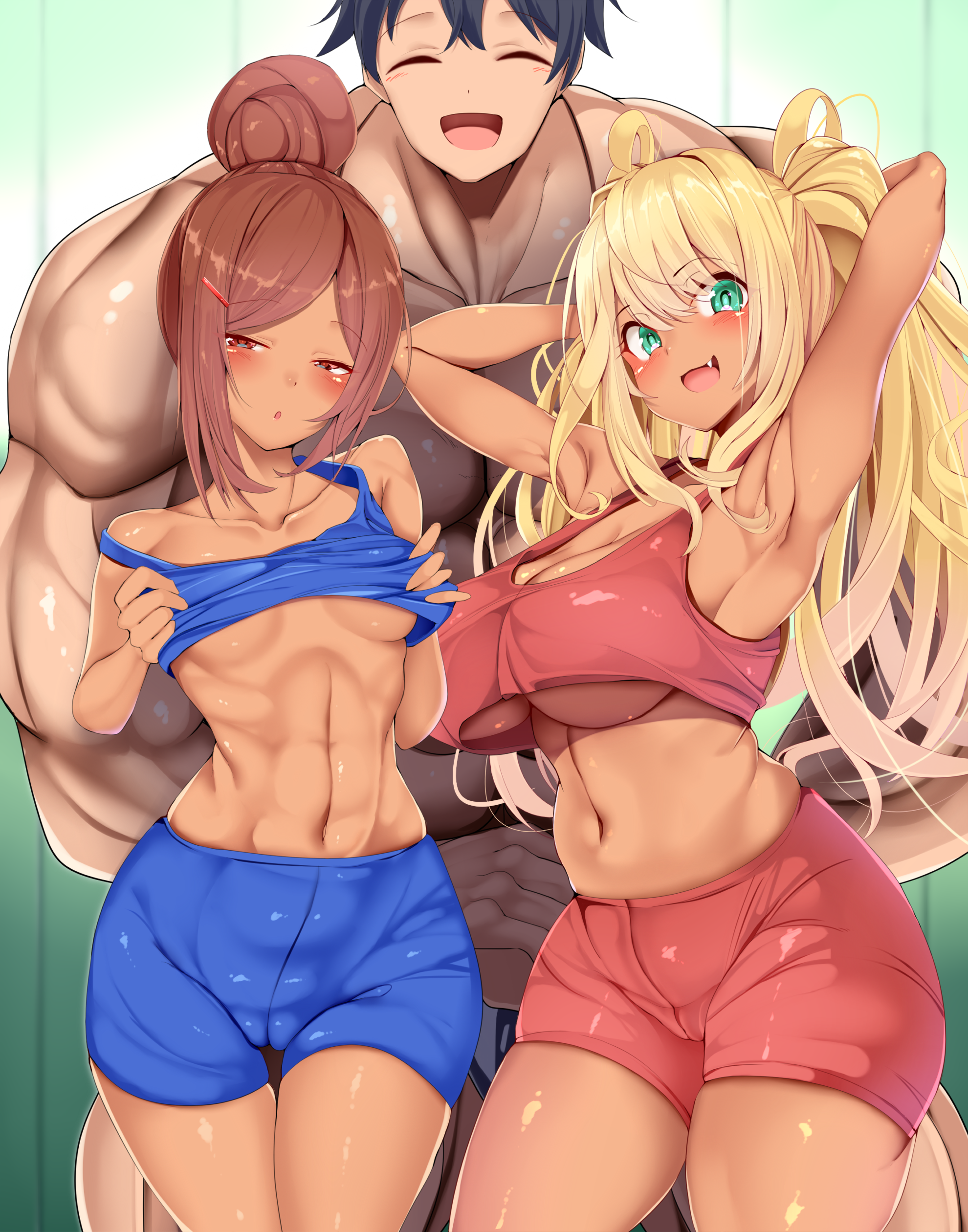 Anime 1980x2520 Dumbbell Nan Kilo Moteru? big boobs small boobs JK thick ass wide hips wide breasts cleavage no bra lifting shirt thighs the gap thick thigh ecchi sports bra muscles 6-pack biceps abs underboob belly button 2D Hibiki Sakura Uehara Ayaka Naruzo Machio bare shoulders messy hair long hair short hair black hair brunette anime portrait display open mouth looking at viewer curvy red eyes anime girls anime boys blonde