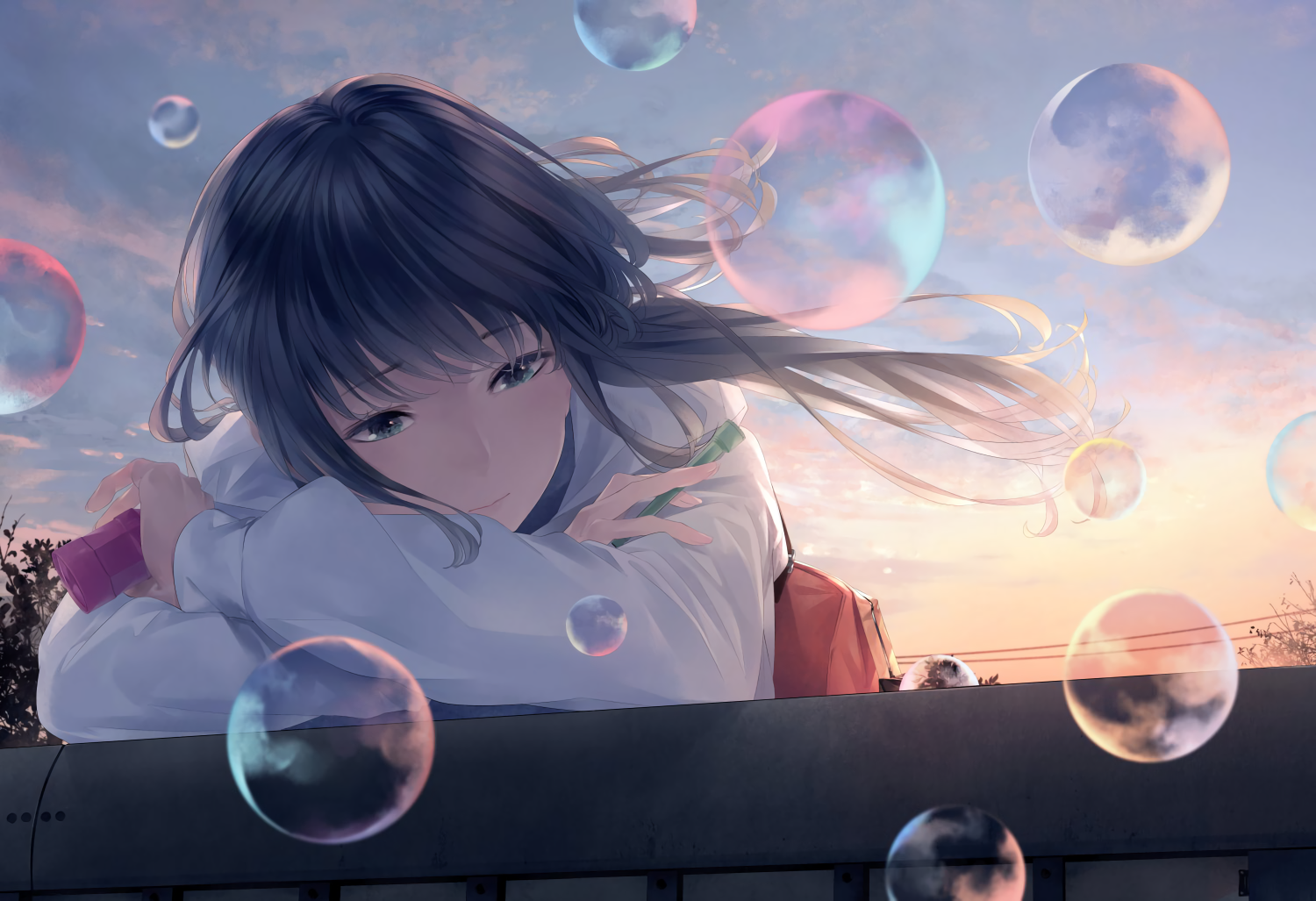 Anime 1500x1027 anime anime girls bubbles dark hair sky sunset Sawasawa windy