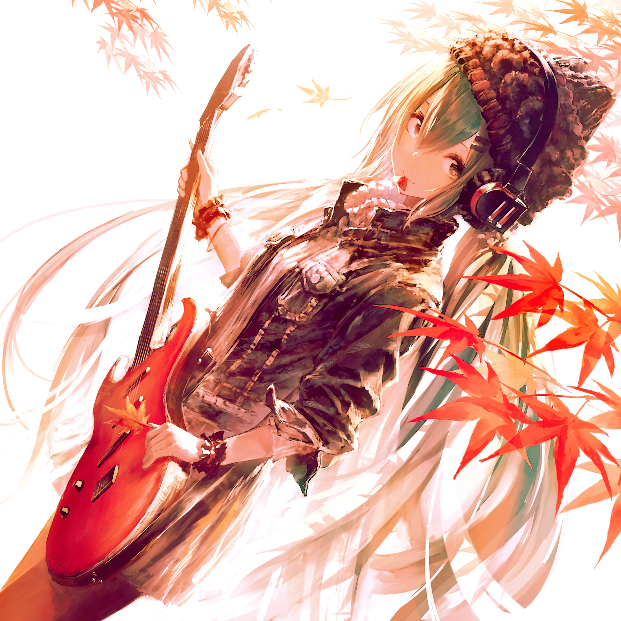 Anime 2064x2064 anime anime girls headphones musical instrument guitar Garuku Vocaloid Hatsune Miku fall