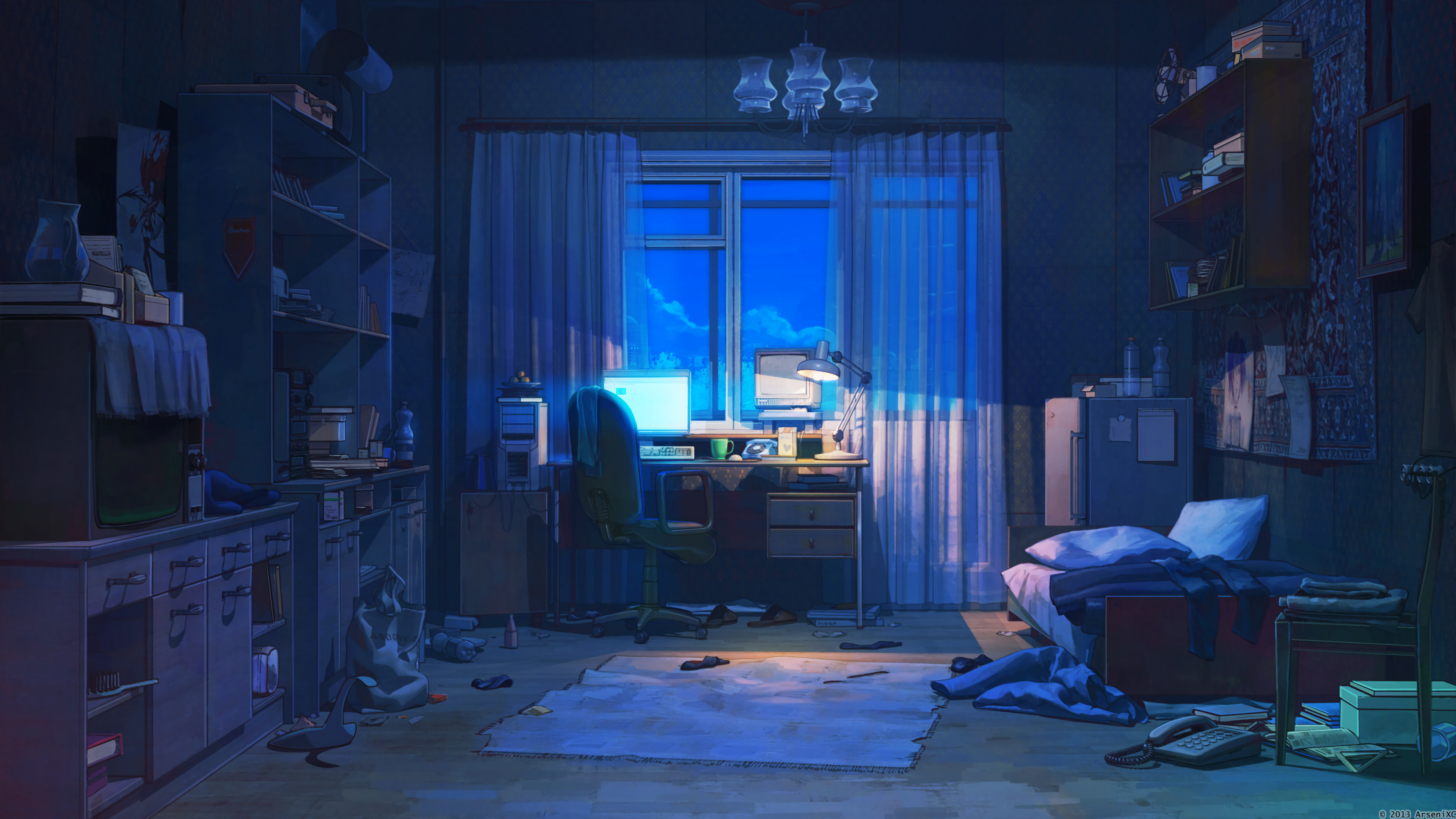 Anime 3840x2160 room vibes computer chair messy lamp window balcony chandeliers rug bed