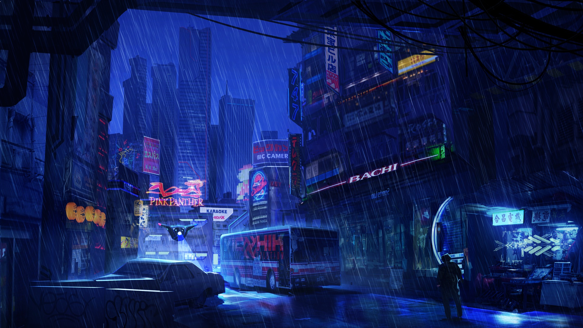 General 1920x1080 artwork futuristic futuristic city night rain dark blue