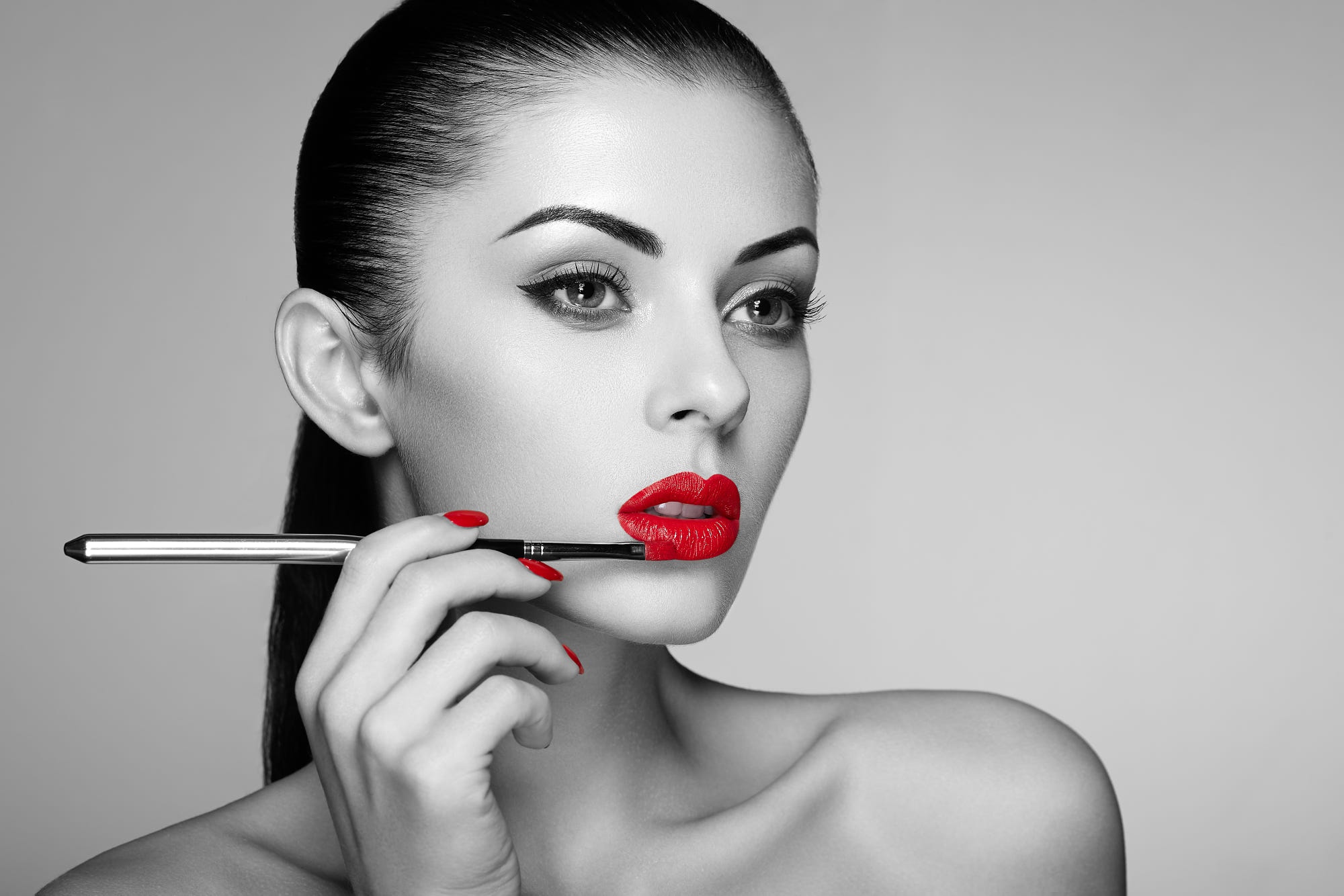 People 2000x1334 lips women model selective coloring lipstick simple background face Oleg Gekman Kristina Romashina women indoors indoors studio makeup red nails painted nails closeup portrait gray background lip gloss long hair looking away bare shoulders