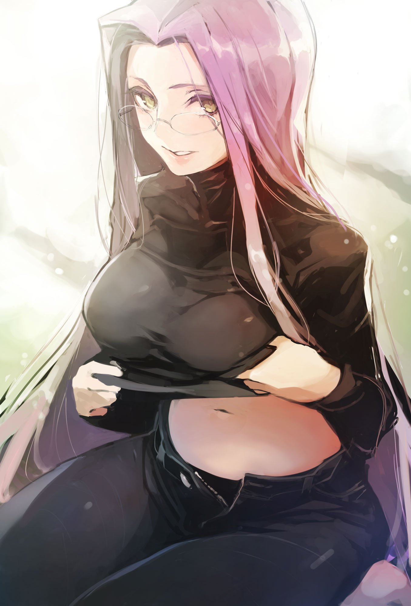 Anime 1355x2000 Fate series Fate/Stay Night fate/stay night: heaven's feel anime girls long hair purple hair yellow eyes big boobs 2D Rider (Fate/Stay Night) smiling belly button thighs black panties thick thigh looking at viewer fan art Taishi curvy lifting shirt