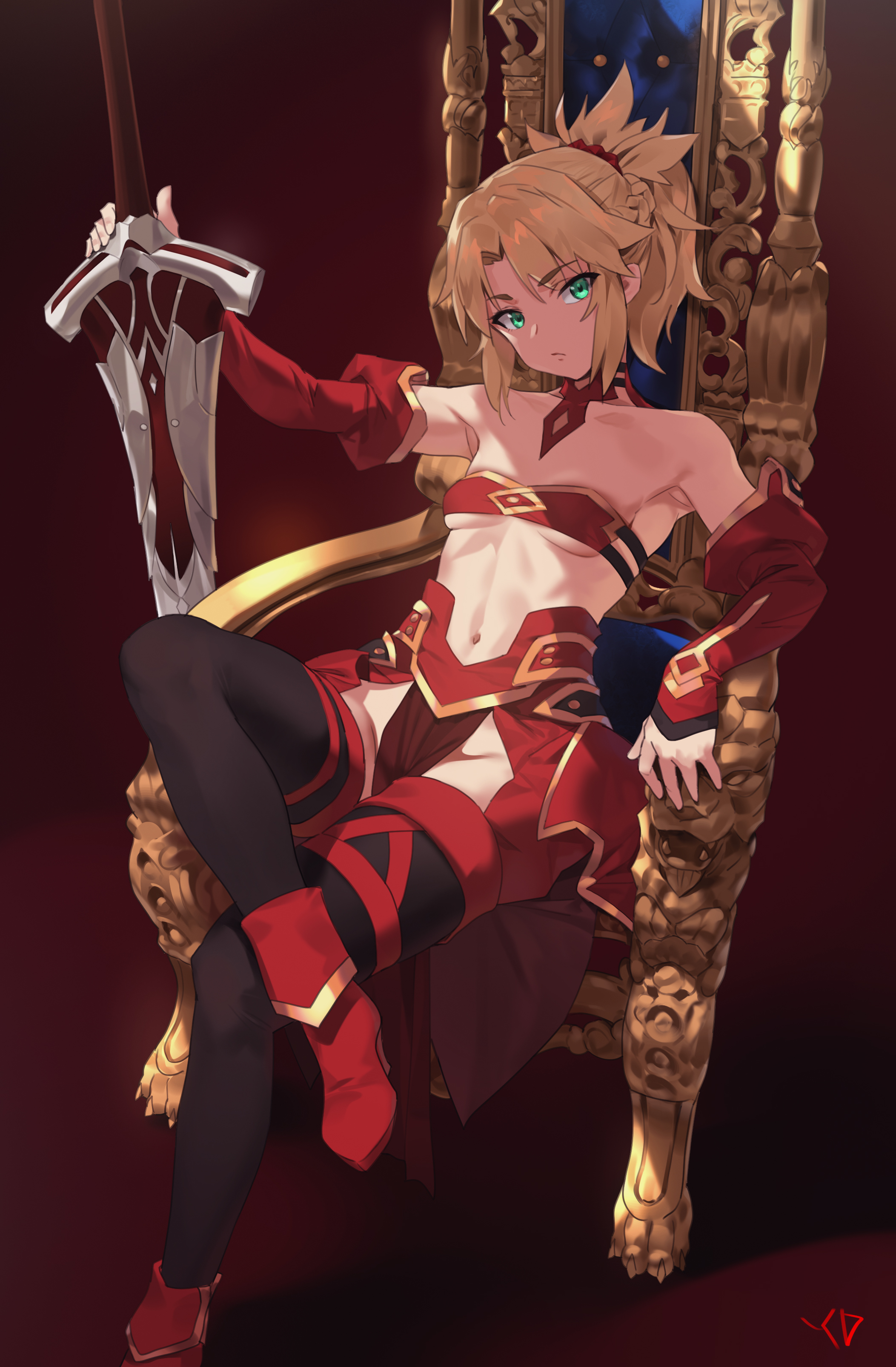 Anime 2105x3210 Mordred (Fate/Apocrypha) anime girls portrait display digital art artwork ponytail Fate/Grand Order Fate/Apocrypha  green eyes small boobs Fate series 2D fan art thighs thigh high boots red boots long sleeves cleavage ecchi belly button long hair women with swords thigh-highs Orange Maru blonde