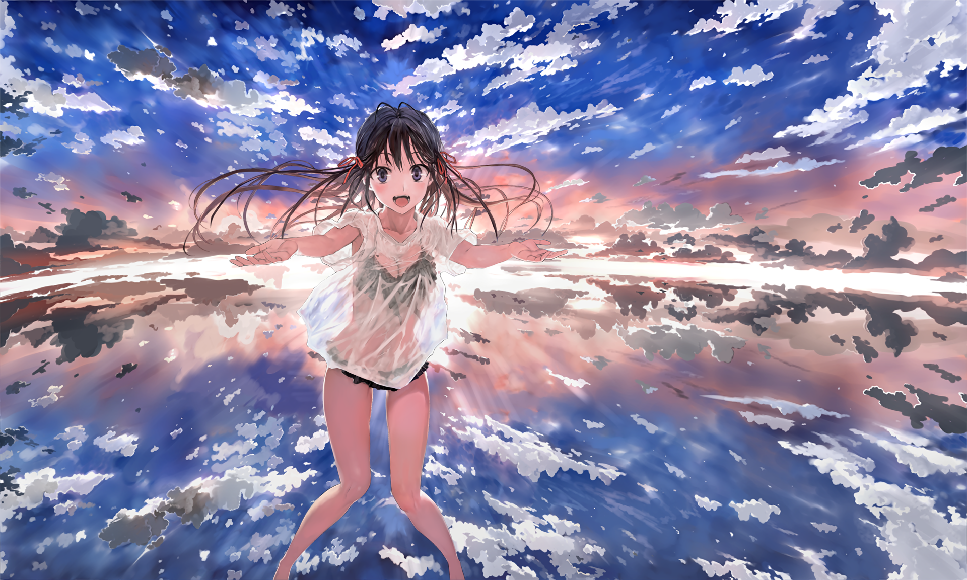 Anime 1920x1152 anime anime girls dark hair legs sky clouds outdoors open mouth T-shirt bikini see-through clothing Biyonbiyon artwork
