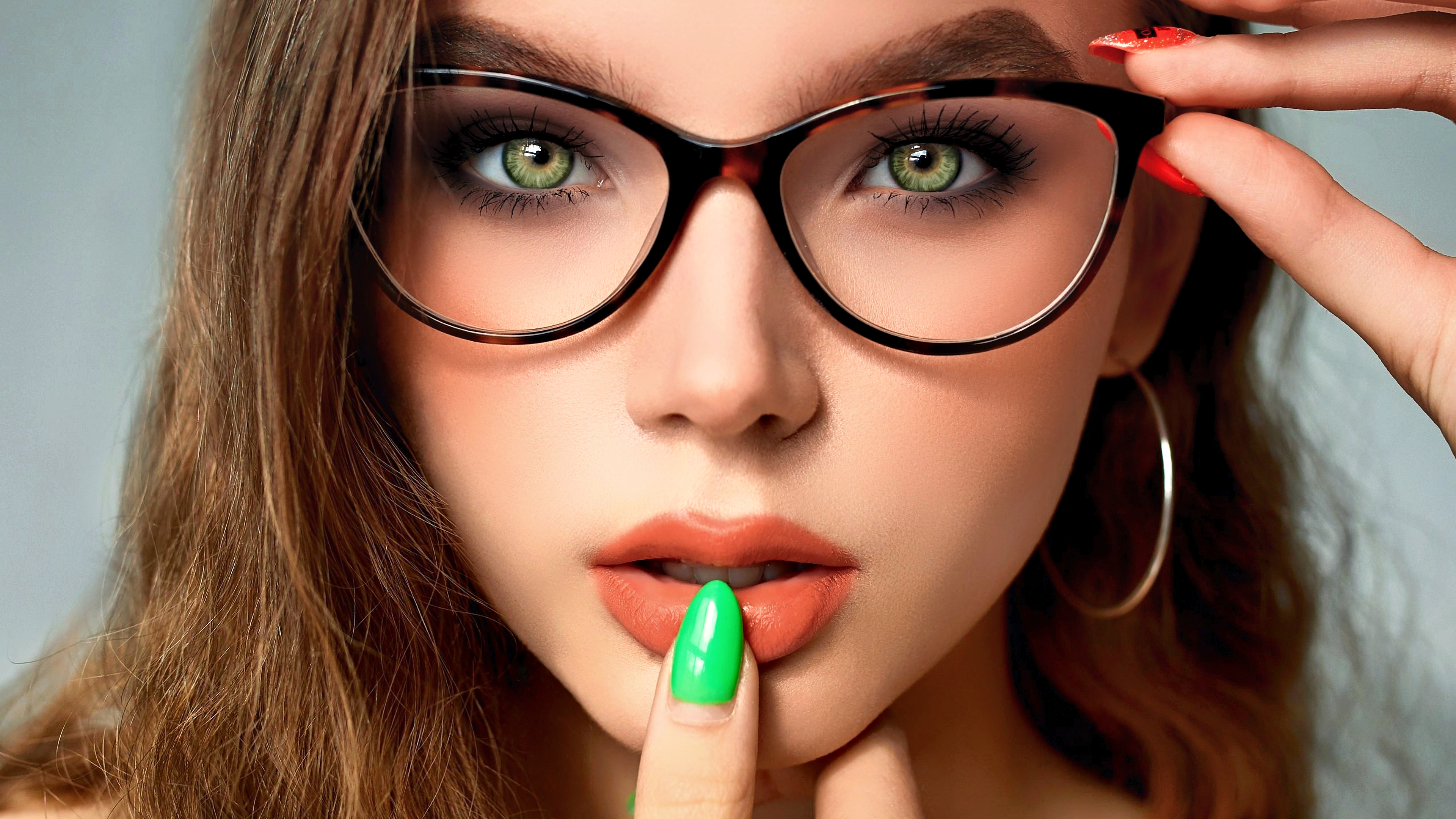 People 3840x2160 model photography women long hair face painted nails women with glasses portrait closeup hoop earrings finger on lips green eyes touching glasses green nails