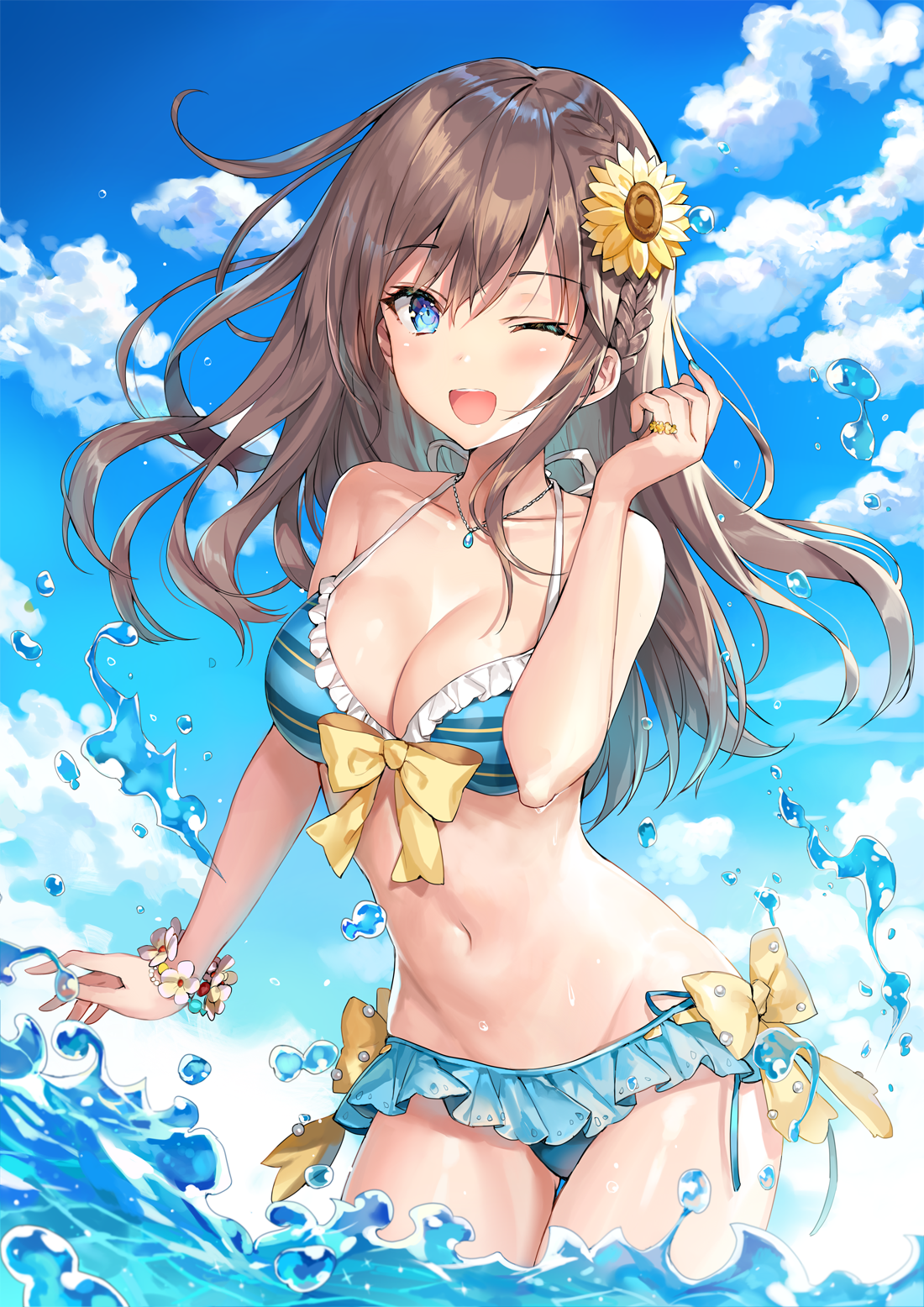 Anime 1100x1556 anime anime girls digital art artwork portrait display long hair brunette blue eyes open mouth water blue bikini sky clouds