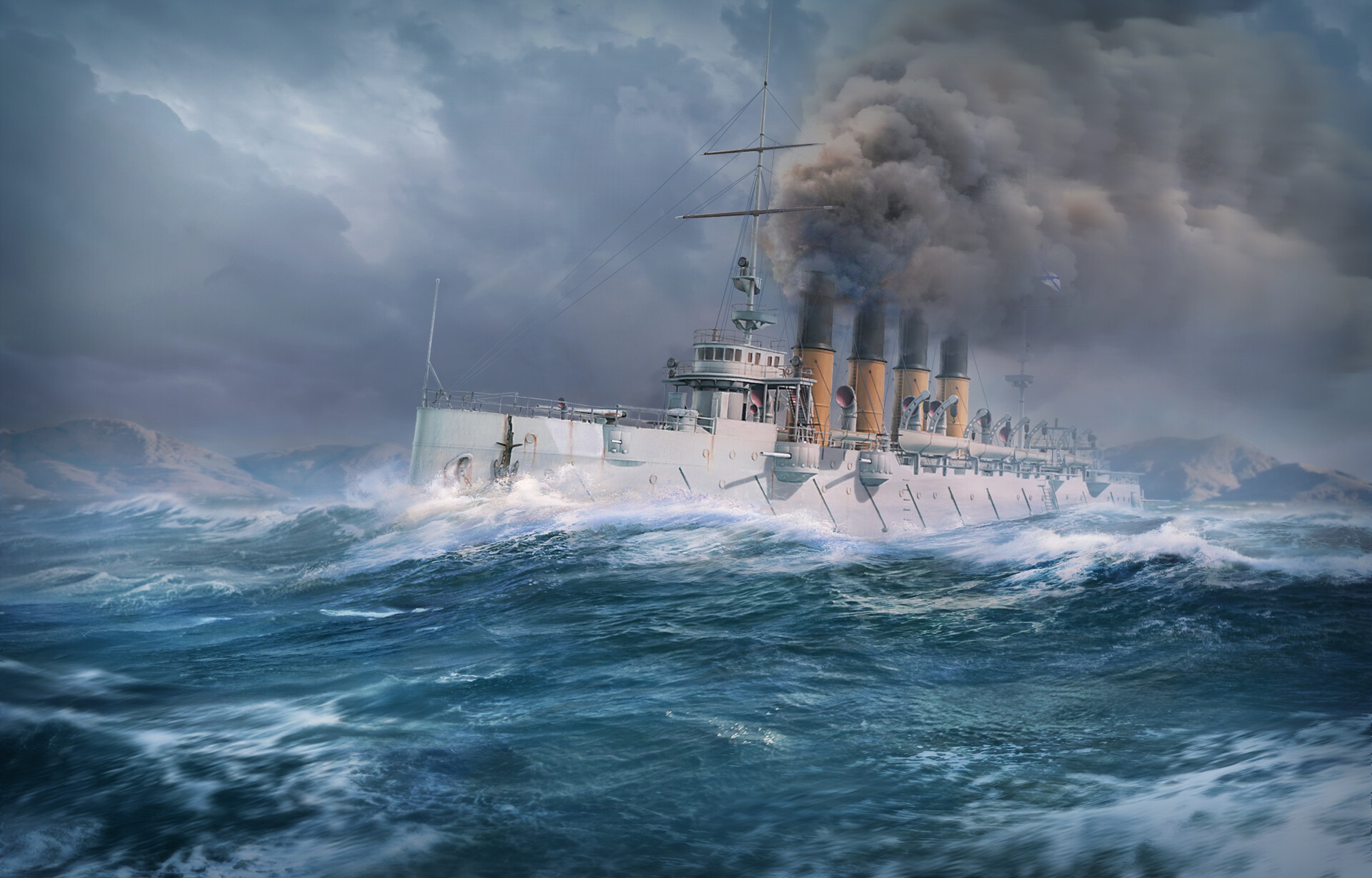 General 1920x1229 ship vehicle sea artwork digital art water clouds smoke sky waves sailing