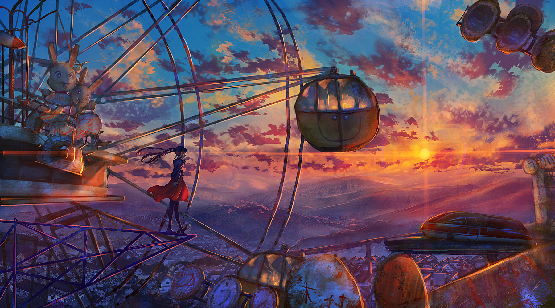 Anime 1800x1000 anime anime girls sky clouds original characters sunset landscape ferris wheel Kenzo 093 horizon