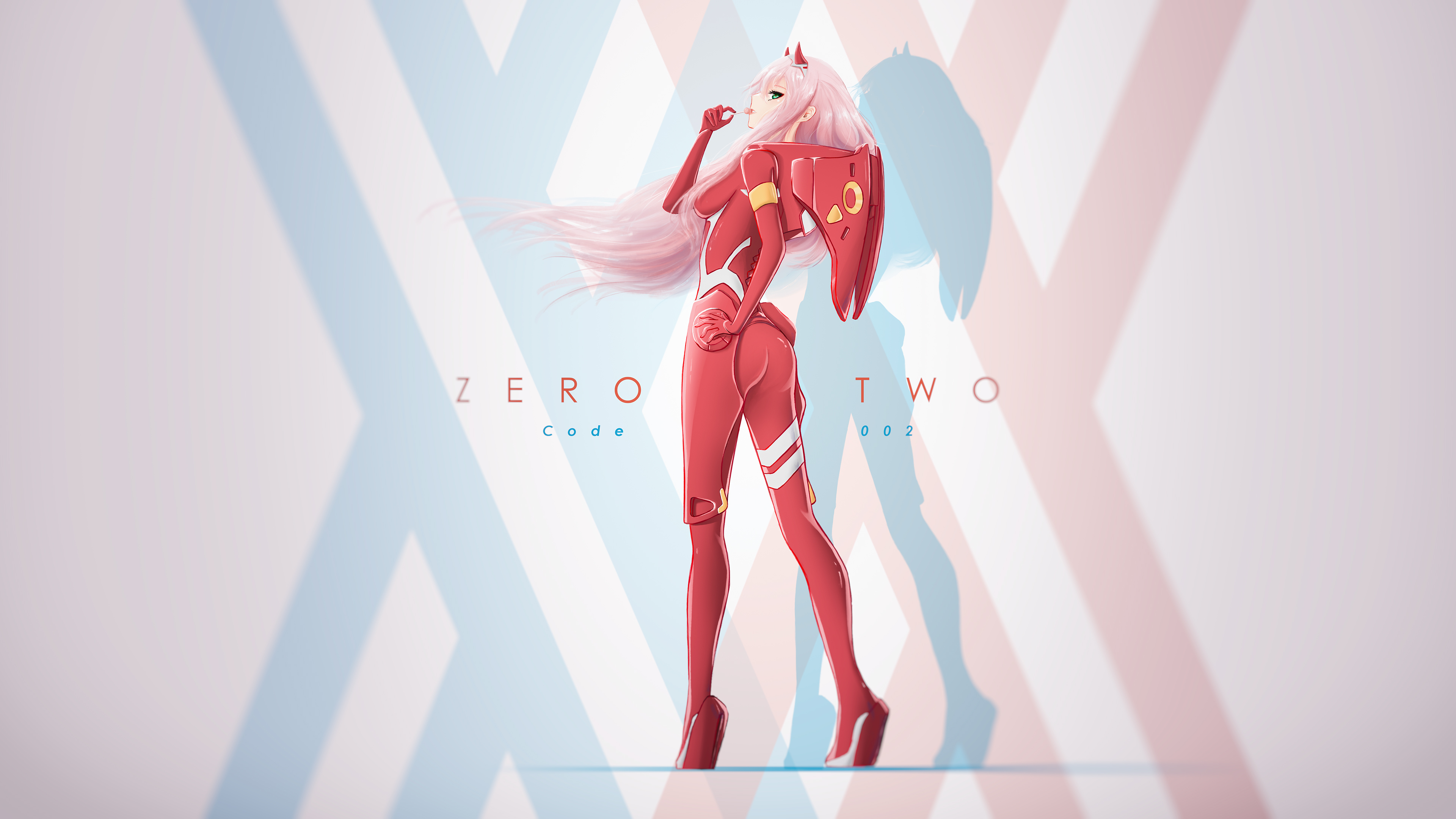 Anime 3840x2160 Darling in the FranXX anime girls long hair pink hair Zero Two (Darling in the FranXX) ass plugsuit thighs the gap bodysuit sideboob hair over nipples horns lollipop smiling 2D anime fan art glutes hair blowing in the wind looking back green eyes looking at viewer curvy