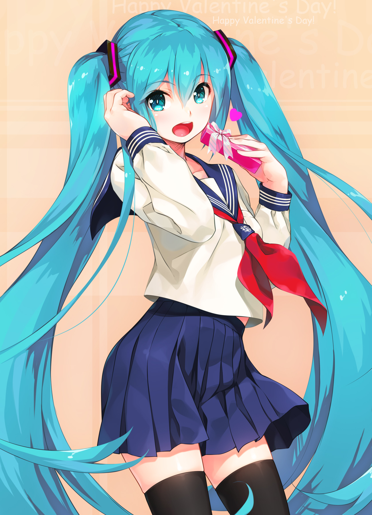Anime 1300x1800 anime anime girls simple background Vocaloid Hatsune Miku long hair turquoise hair Valentine's Day presents school uniform portrait display twintails thigh-highs blue eyes