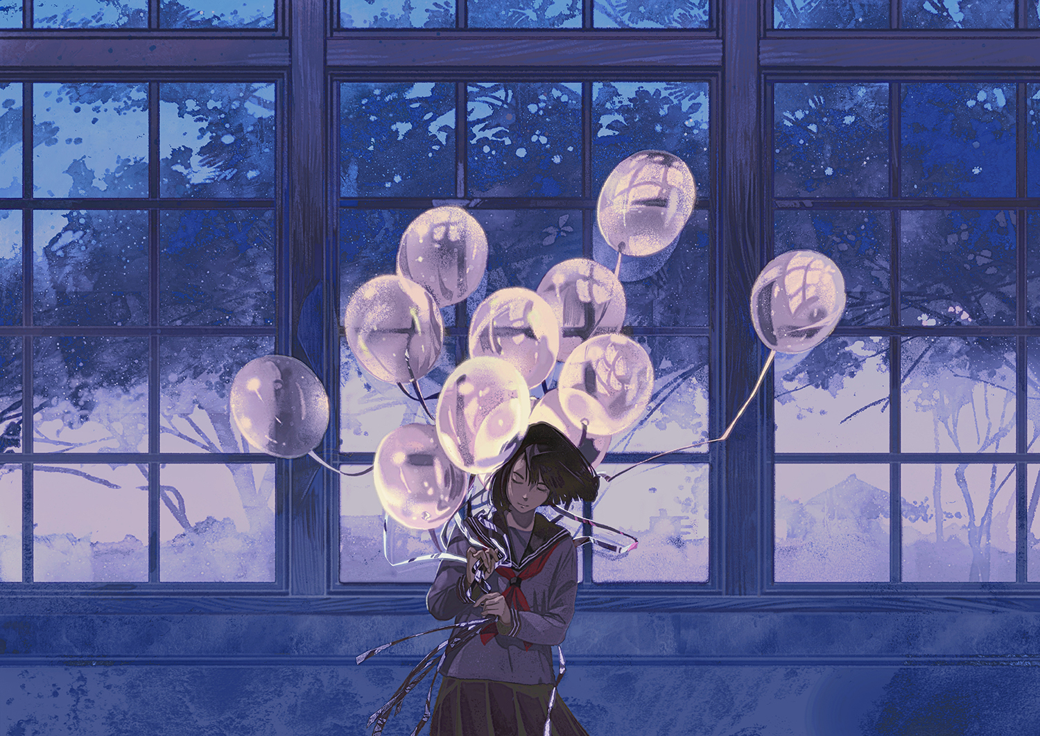 Anime 1500x1062 balloon sailor uniform uniform anime window trees anime girls