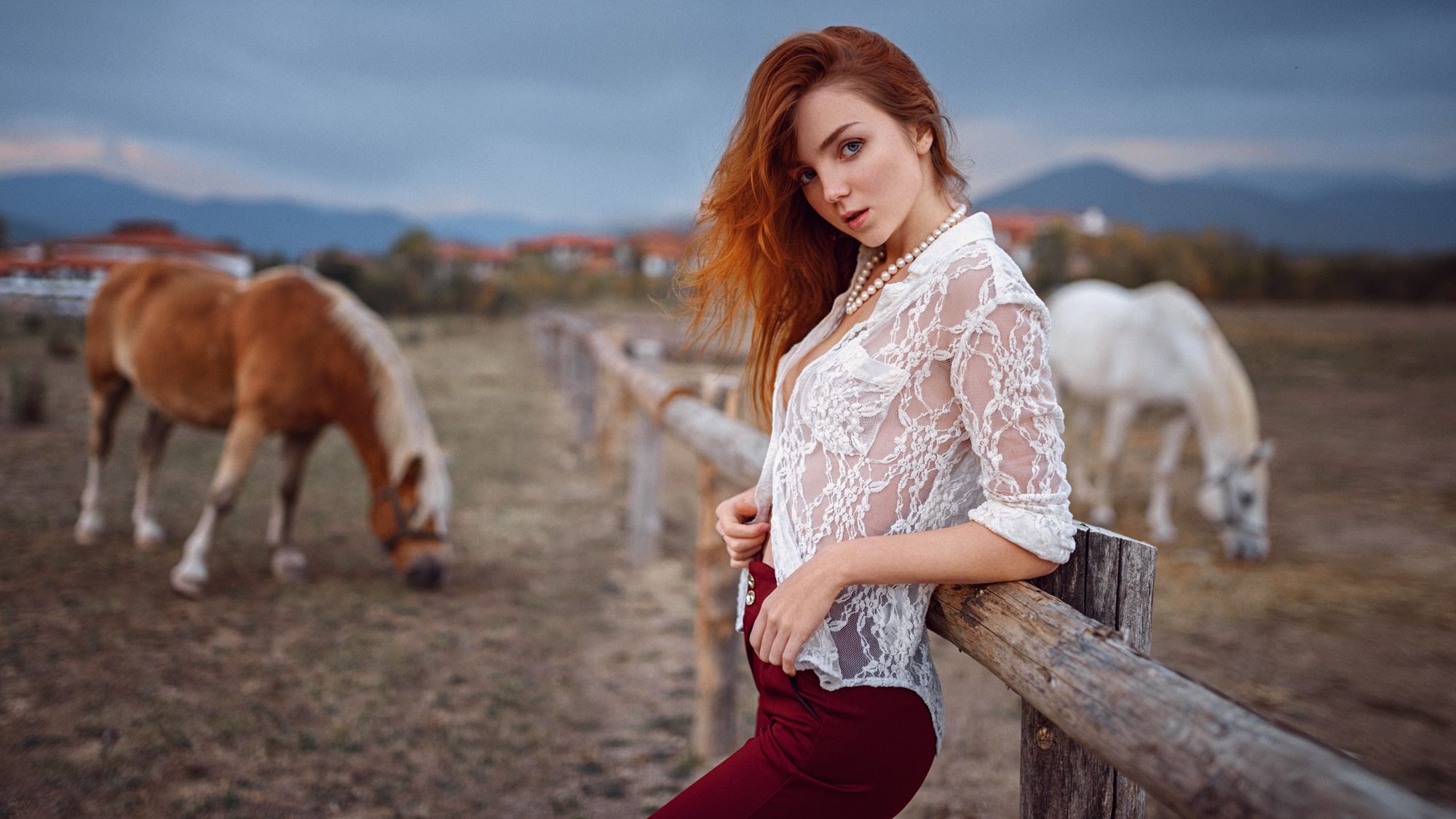 People 2000x1125 Ekaterina Sherzhukova women redhead model looking at viewer side view pearl necklace shirt see-through clothing no bra cleavage pants fence field horse depth of field outdoors women outdoors Georgy Chernyadyev sheer clothing